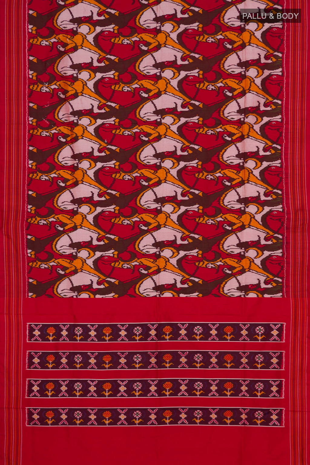 Flat view of Red Pochampally Silk Saree with Pure Ikat on the body and Plain Border. 
