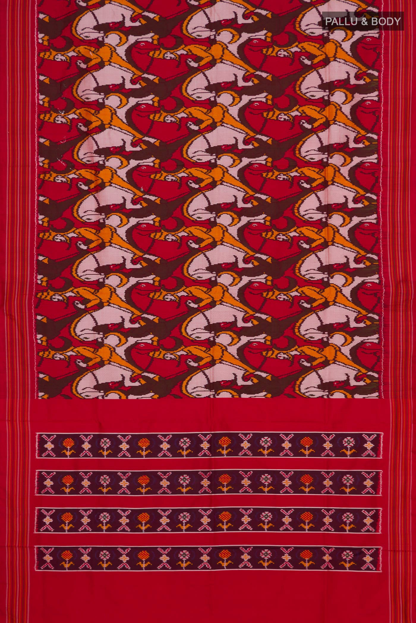 Flat view of Red Pochampally Silk Saree with Pure Ikat on the body and Plain Border. 