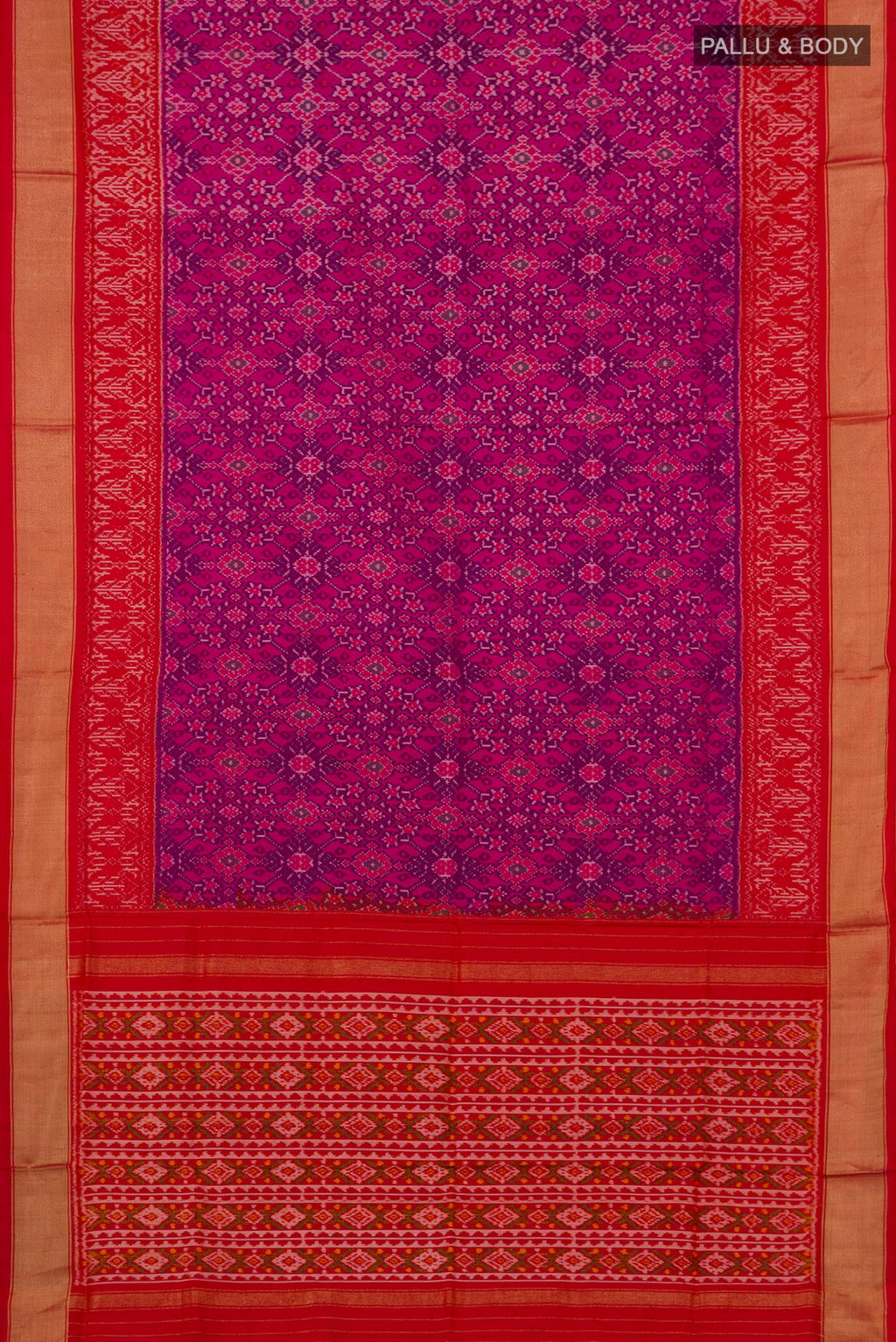 Flat view of Pink Pochampally Silk Saree with Ikat design on the body and Zari Border. 