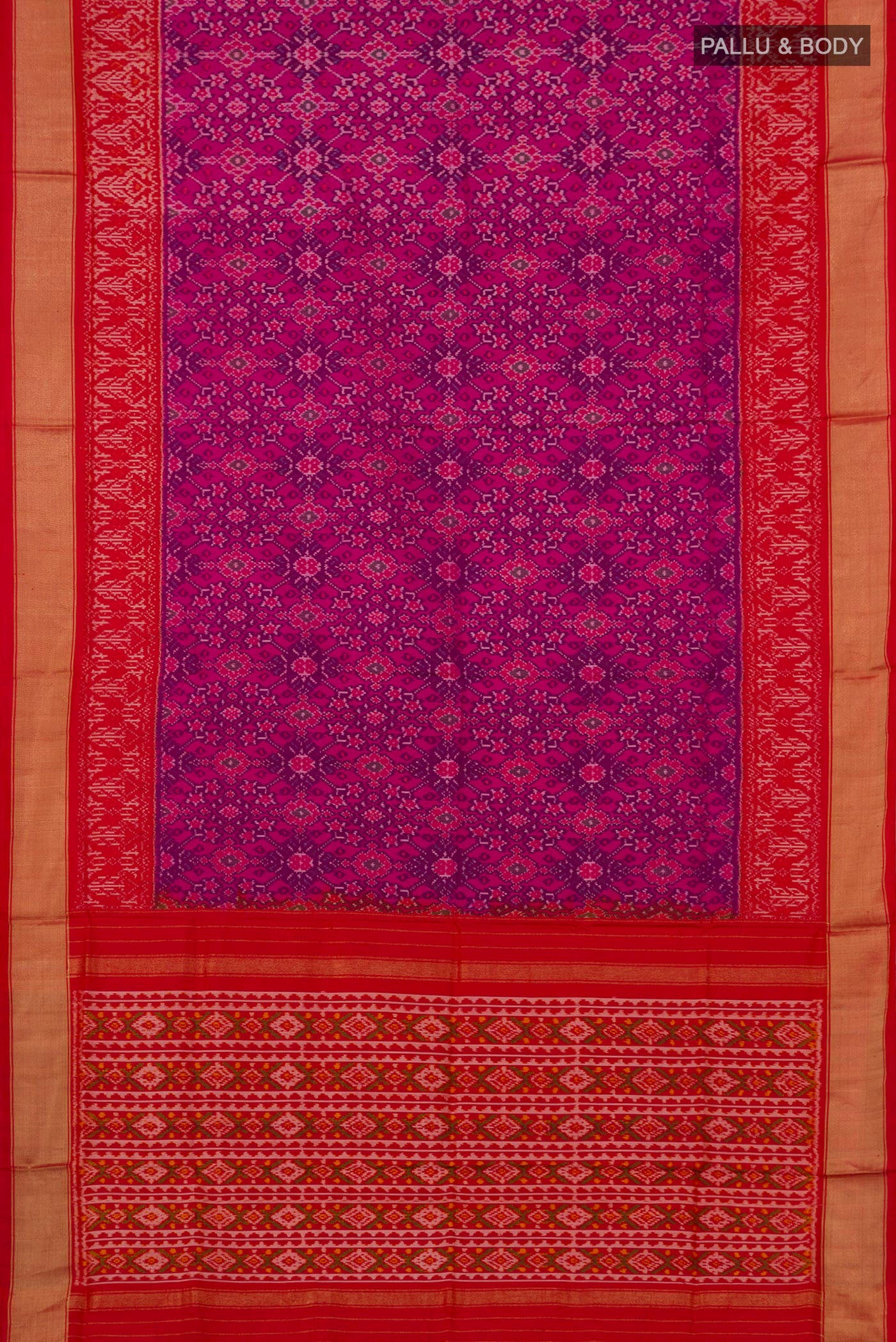 Flat view of Pink Pochampally Silk Saree with Ikat design on the body and Zari Border. 