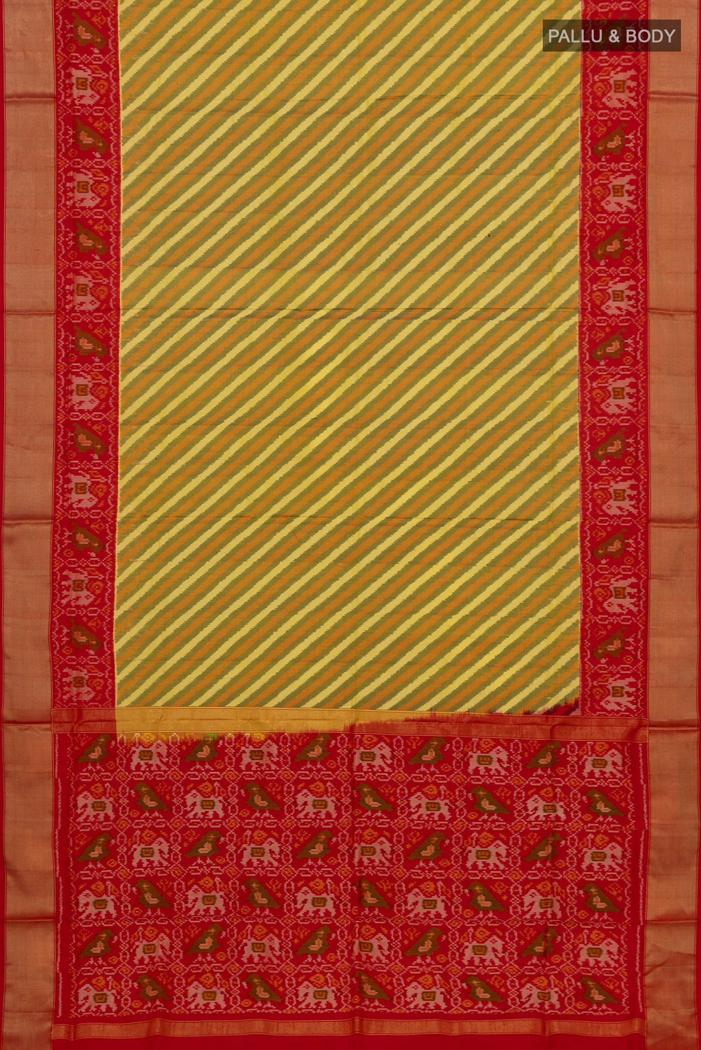 Flat view of Green Pochampally Silk Saree with Ikat Print on the body and Zari Border. 