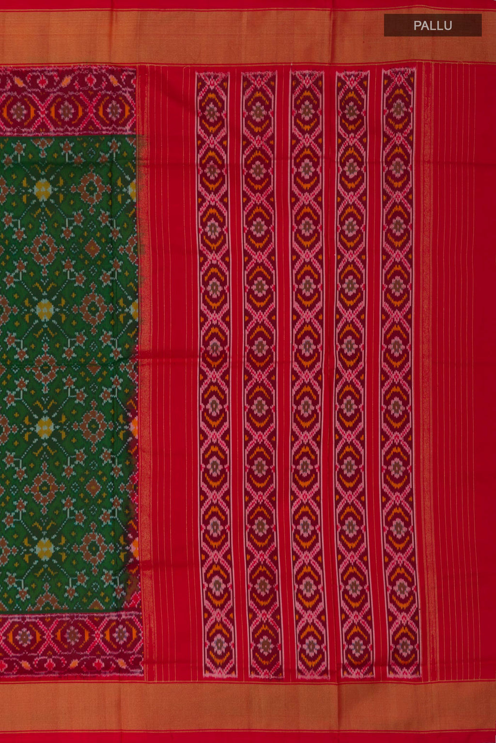 Close up image of the pallu of Green Pochampally Silk Saree with Ikat design on the body and Zari Border. 