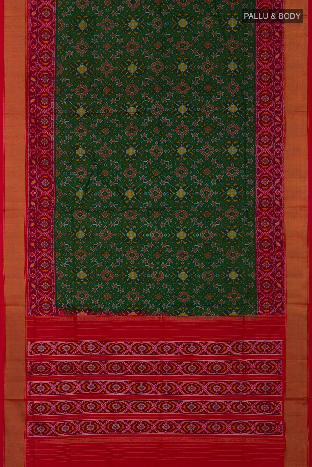 Flat view of Green Pochampally Silk Saree with Ikat design on the body and Zari Border. 