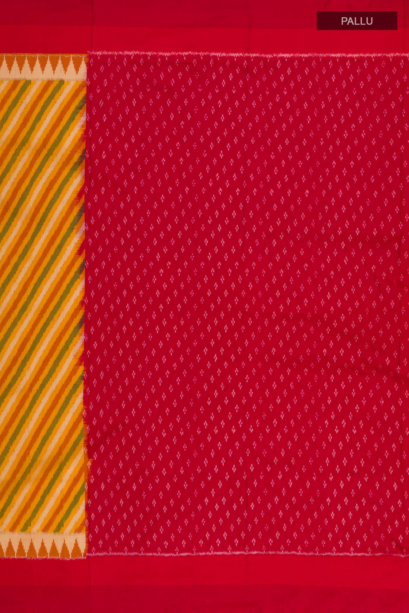 Close up image of the pallu of Yellow Pochampally Silk Saree with Ikat Print on the body and Zari Border. 