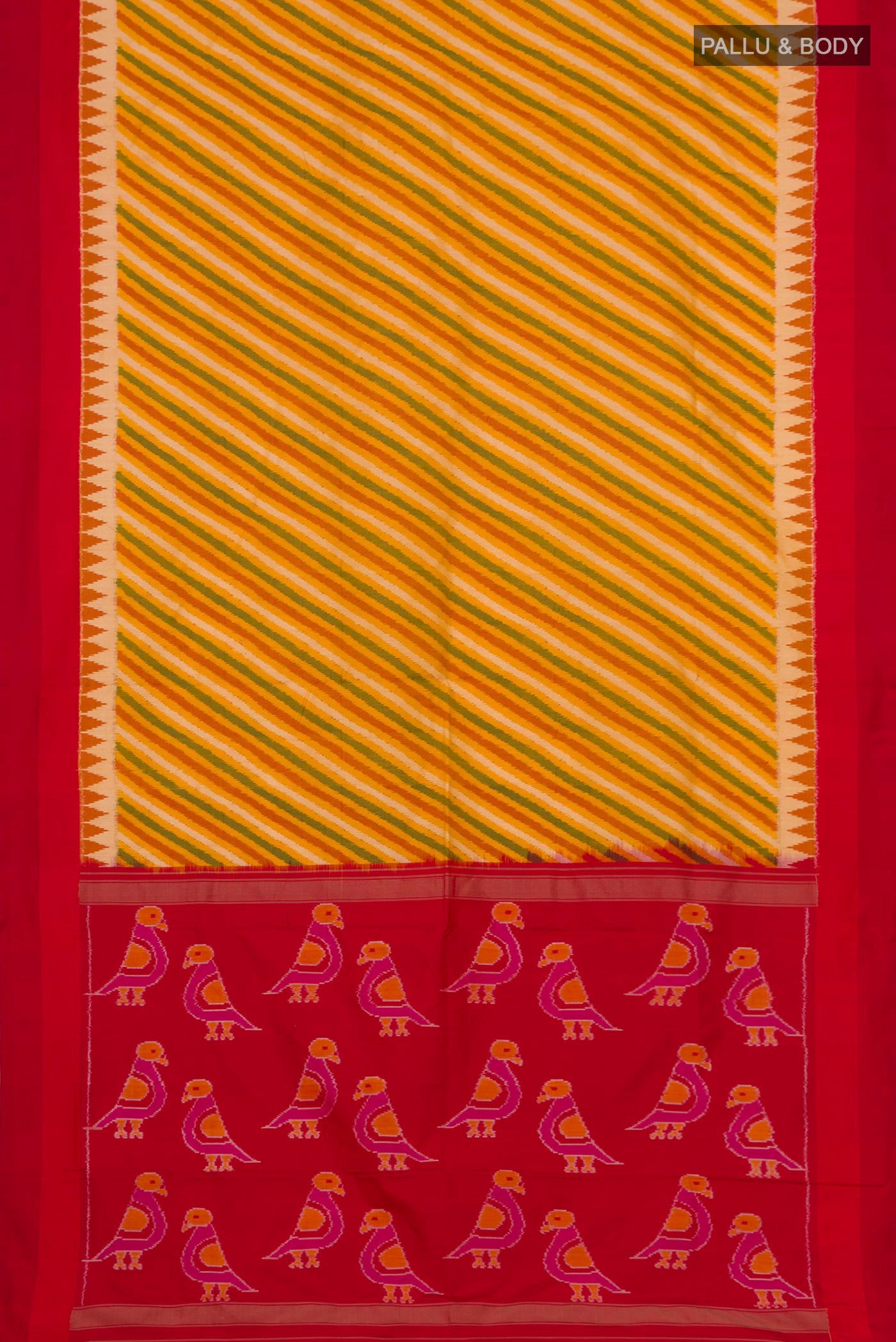 Flat view of Yellow Pochampally Silk Saree with Ikat Print on the body and Zari Border. 