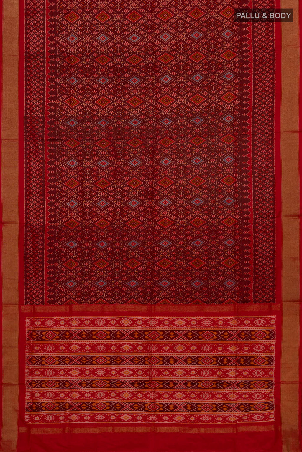 Flat view of Red Pochampally Silk Saree with Ikat Print on the body and Zari Border. 