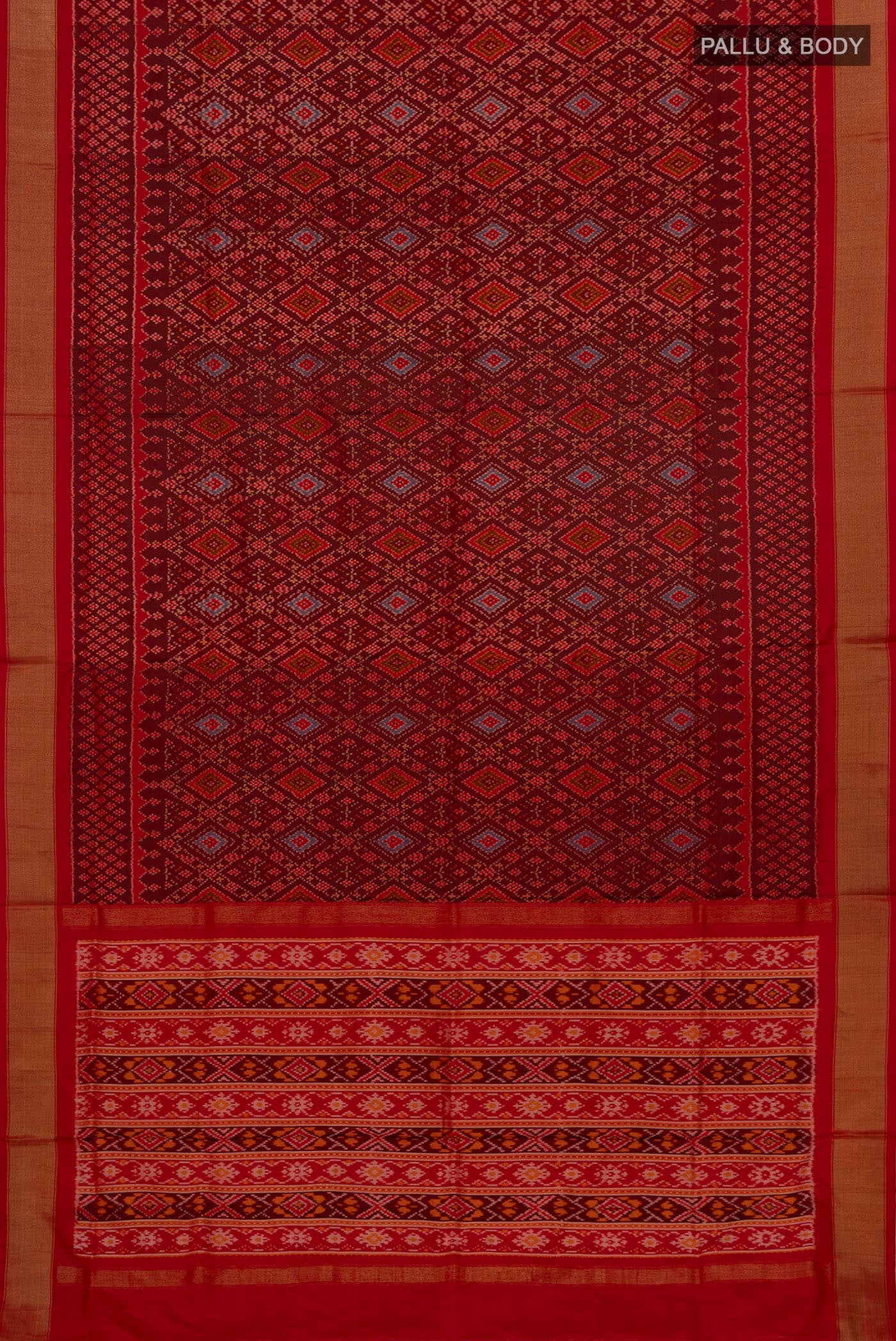 Flat view of Red Pochampally Silk Saree with Ikat Print on the body and Zari Border. 