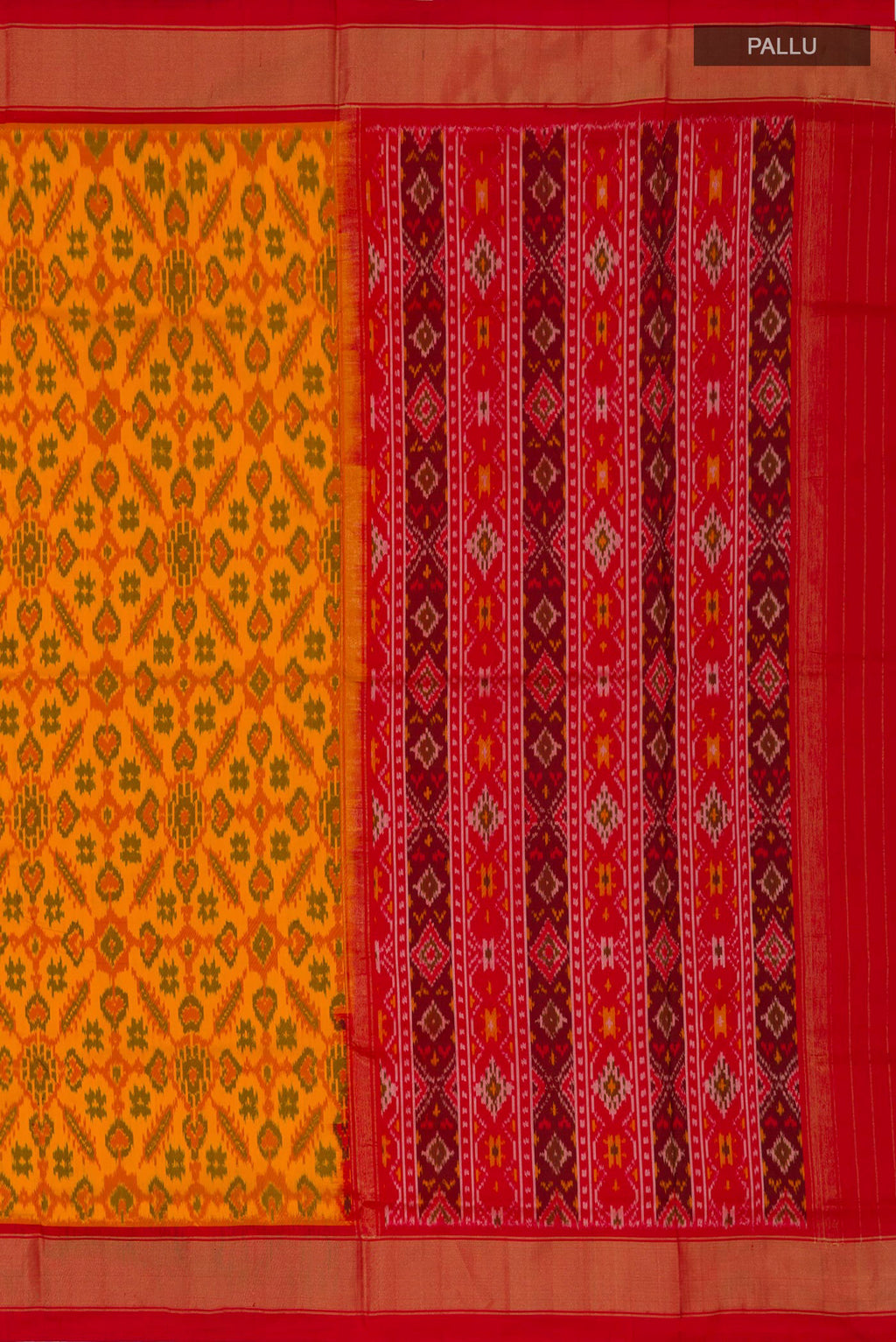 Close up image of the pallu of Yellow Pochampally Silk Saree with Ikat design on the body and Zari Border. 