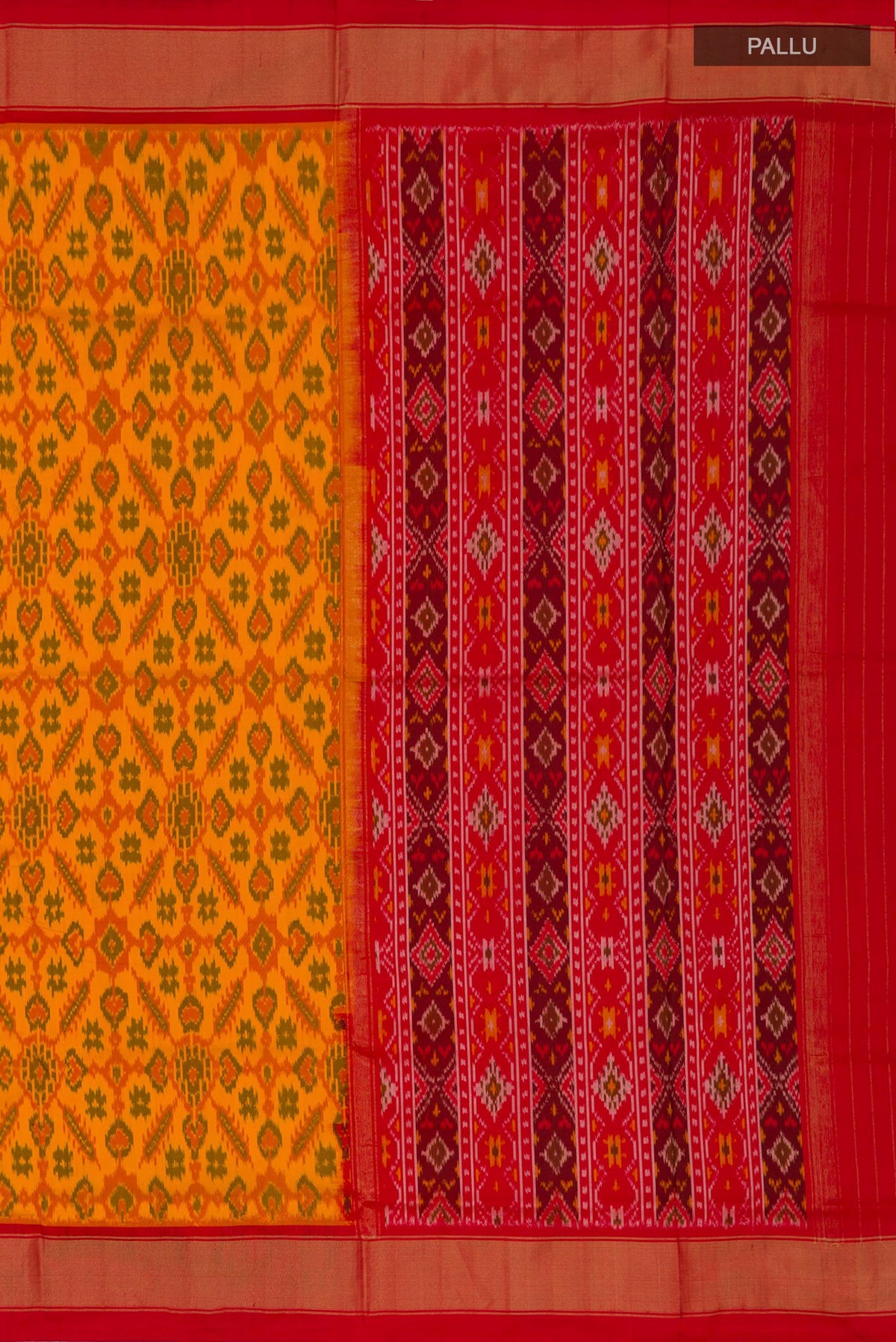 Close up image of the pallu of Yellow Pochampally Silk Saree with Ikat design on the body and Zari Border. 
