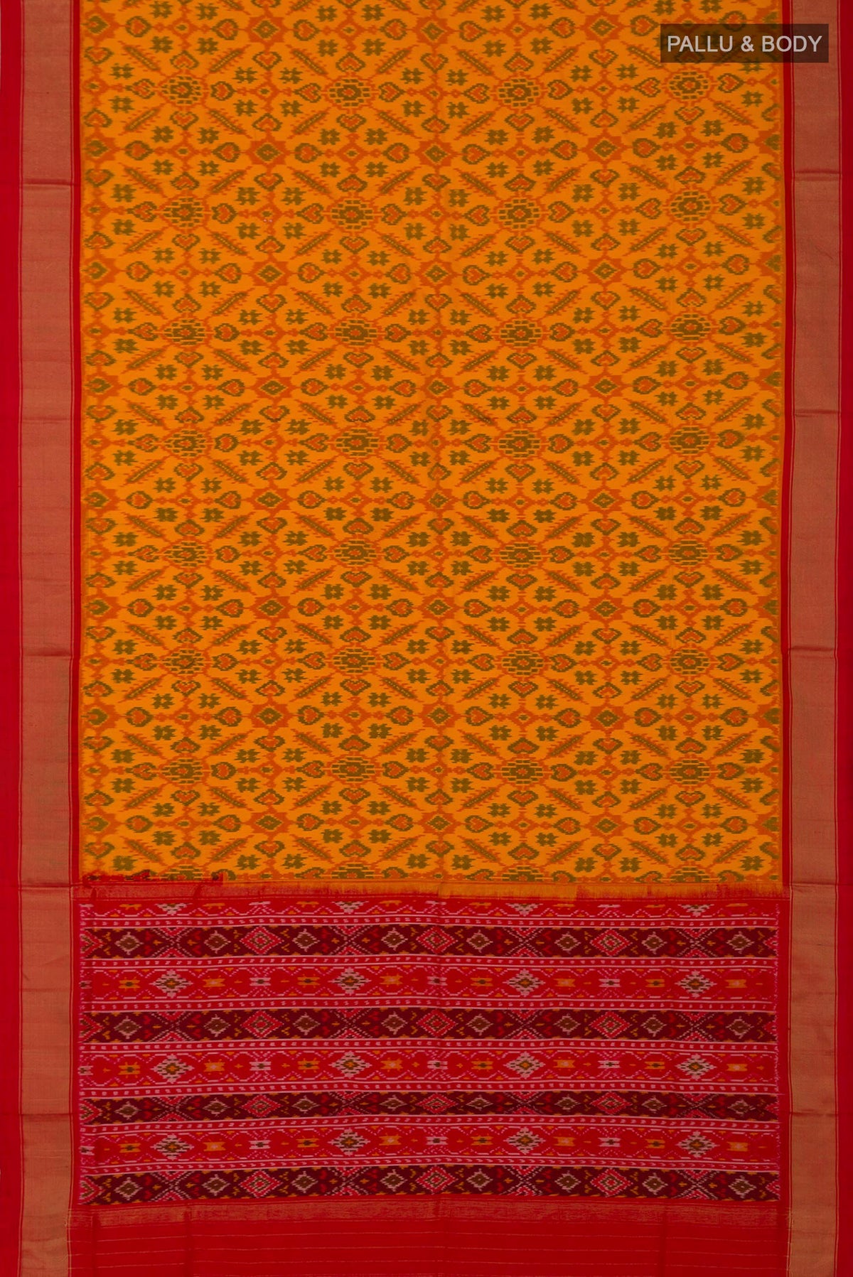 Flat view of Yellow Pochampally Silk Saree with Ikat design on the body and Zari Border. 