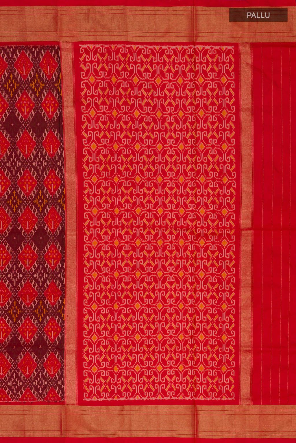 Close up image of the pallu of Orange Pochampally Silk Saree with Ikat design on the body and Zari Border. 