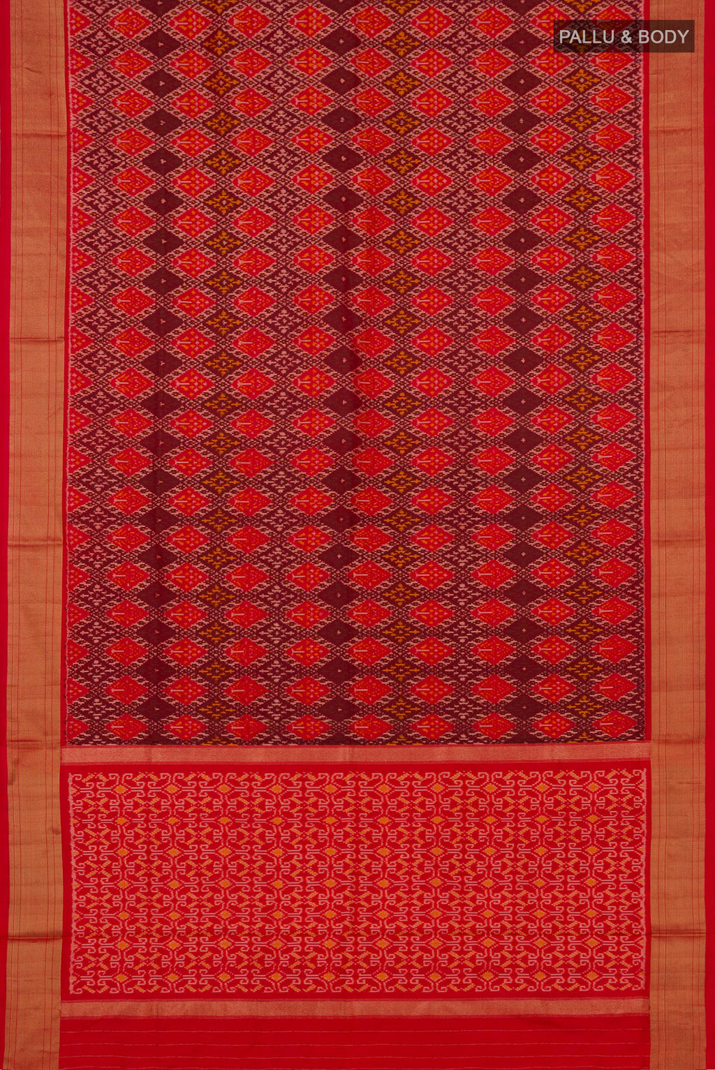 Flat view of Orange Pochampally Silk Saree with Ikat design on the body and Zari Border. 