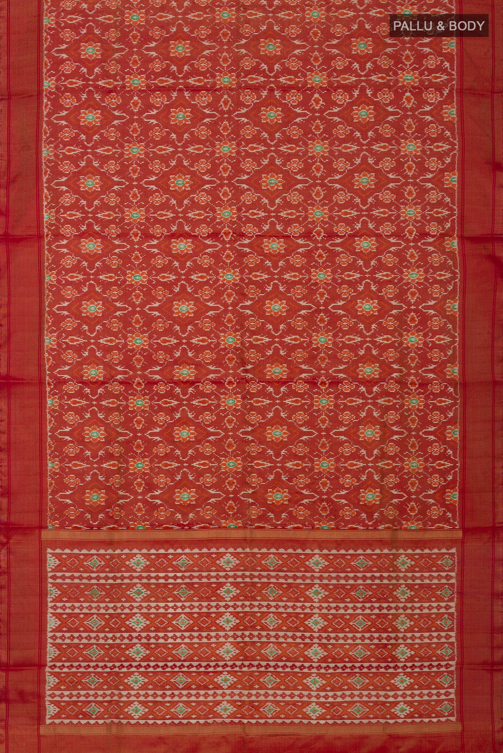 Flat view of Rust Pochampally Saree with Ikat design on the body and Zari Border. 