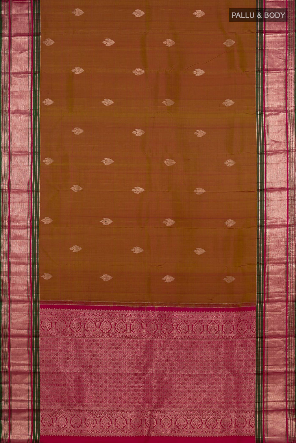 Flat view of Green Kanjivaram Saree with Zari Butta on the body and Zari Border. 