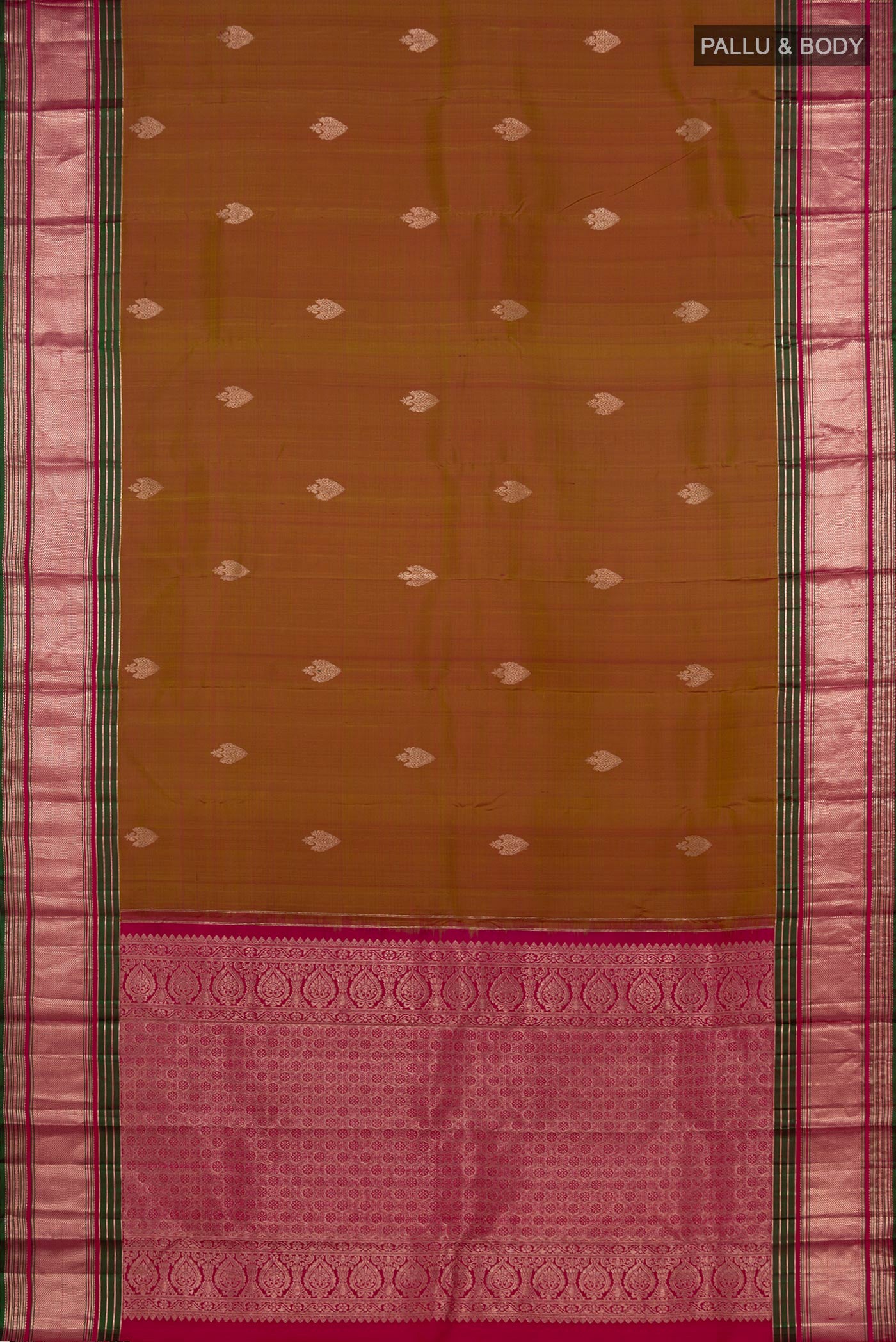 Flat view of Green Kanjivaram Saree with Zari Butta on the body and Zari Border. 