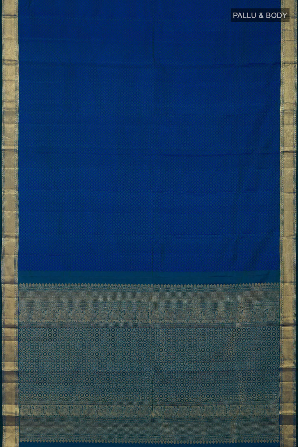 Flat view of Blue Kanjivaram Silk Saree with Jacquard design on the body and Zari Border. 