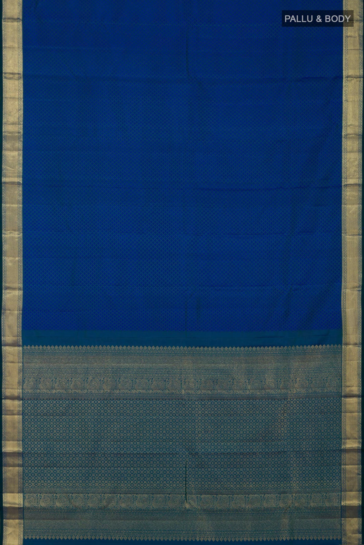 Flat view of Blue Kanjivaram Silk Saree with Jacquard design on the body and Zari Border. 