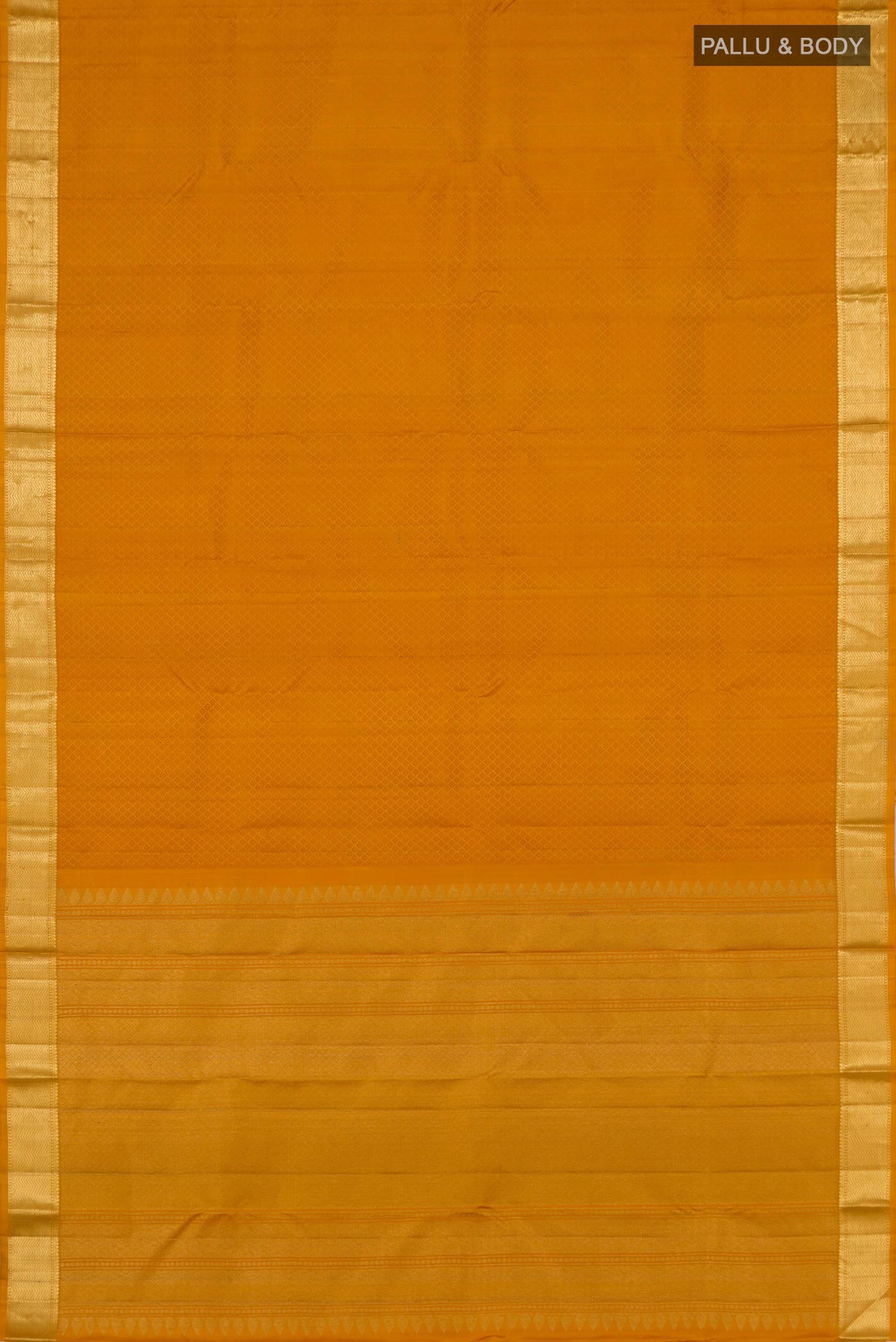Flat view of Yellow Kanjivaram Silk Saree with Jacquard design on the body and Zari Border. 