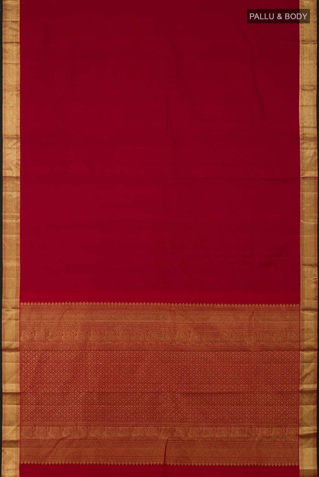 Flat view of Red Kanjivaram Saree with Jacquard design on the body and Zari Border. 