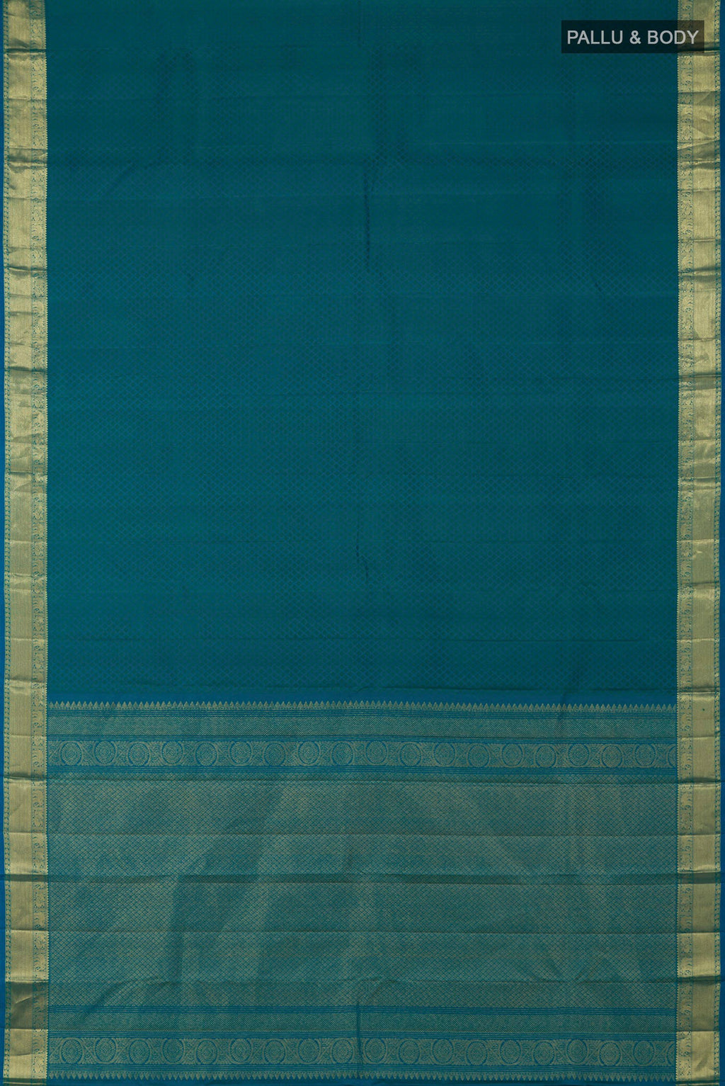 Flat view of Blue Kanjivaram Saree with Jacquard design on the body and Zari Border. 
