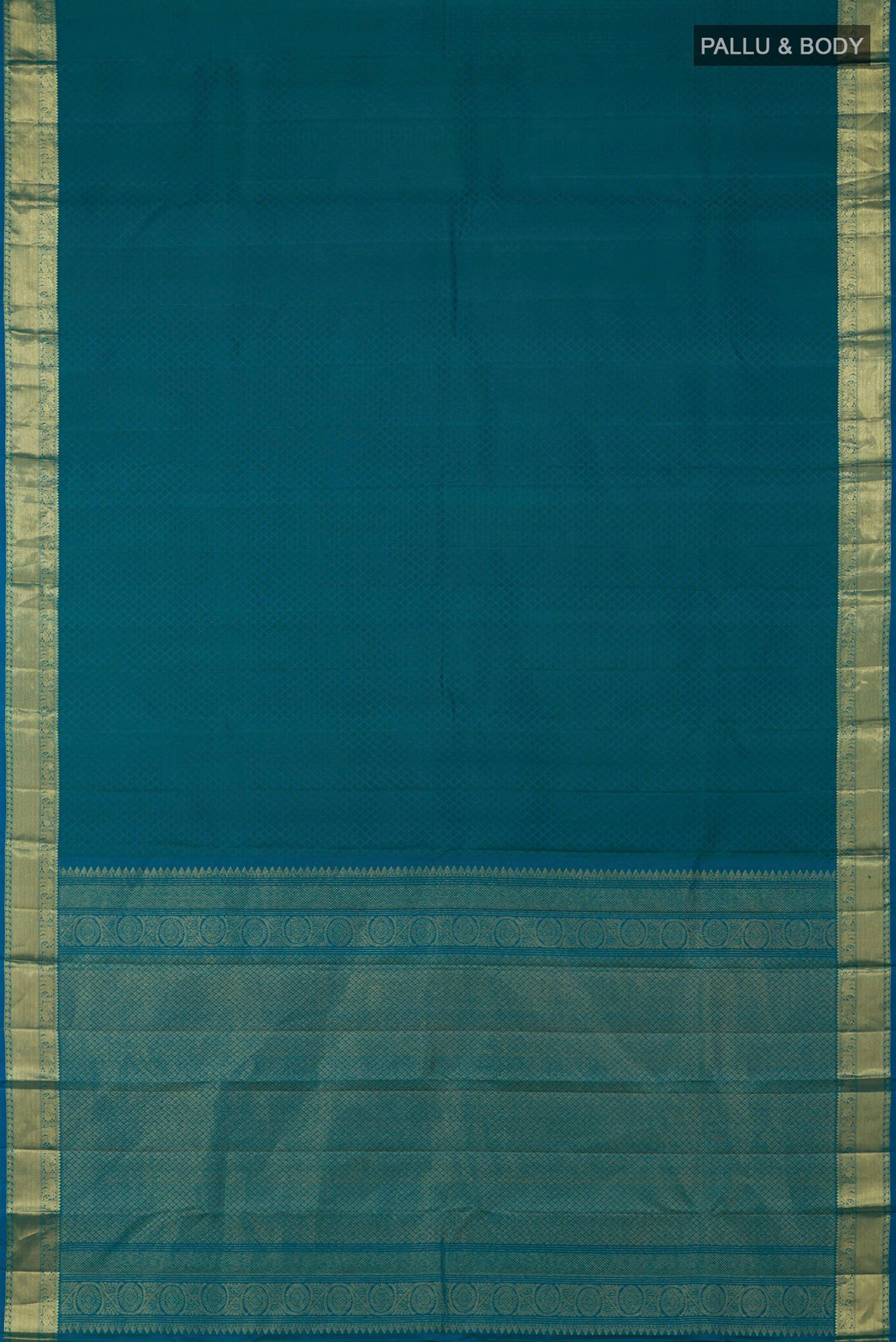 Flat view of Blue Kanjivaram Saree with Jacquard design on the body and Zari Border. 