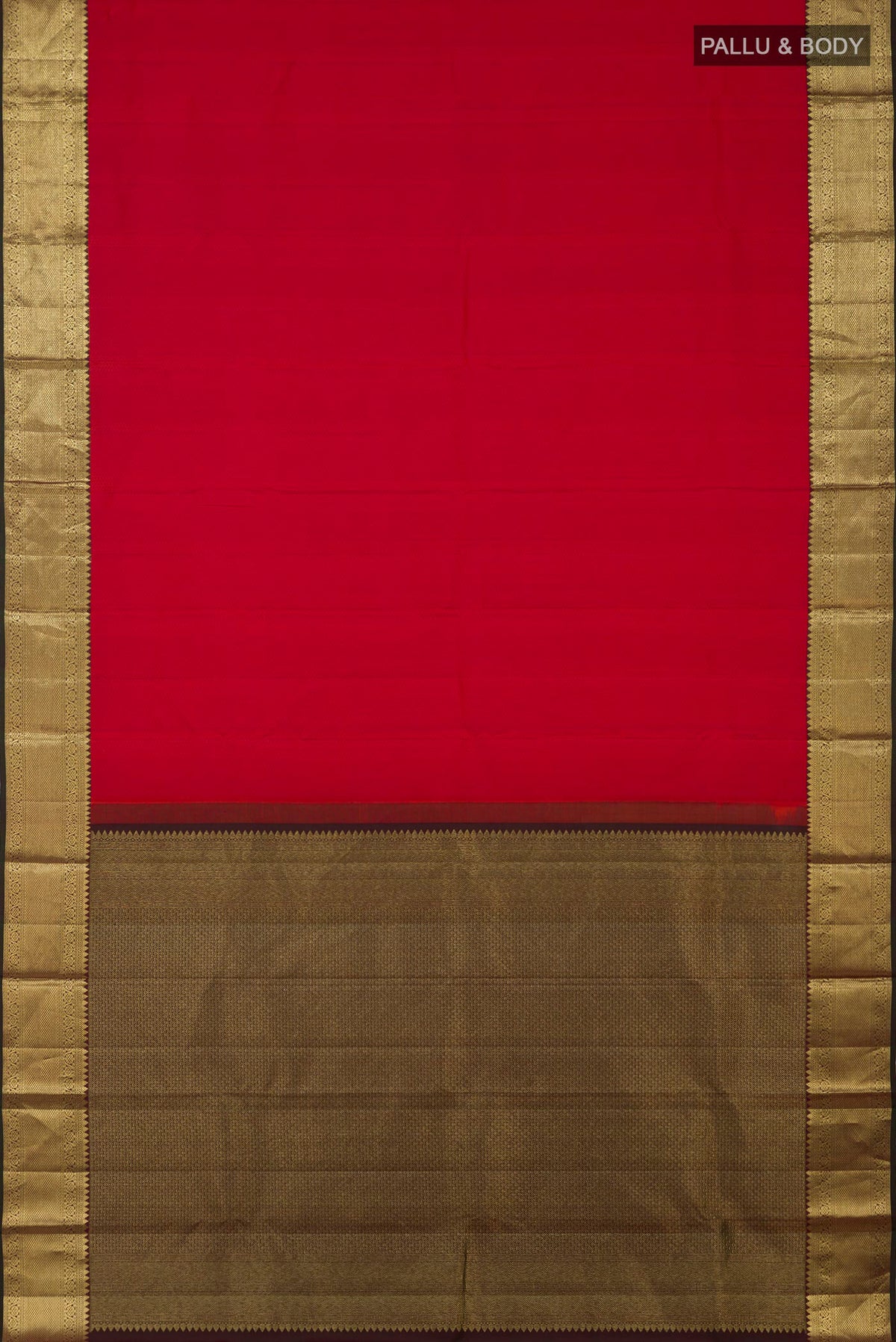 Flat view of Red Kanjivaram Silk Saree with Jacquard design on the body and Zari Border. 
