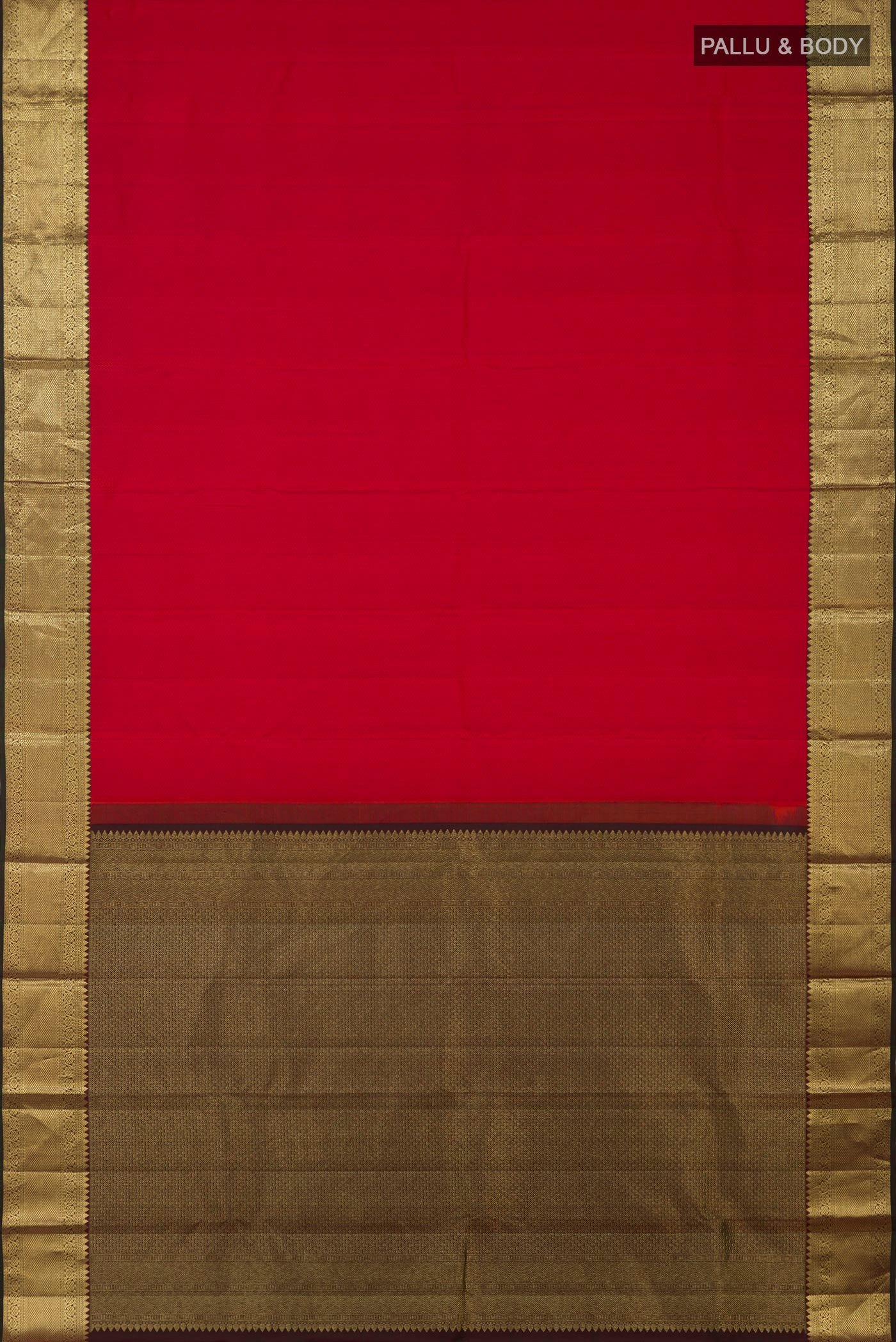 Flat view of Red Kanjivaram Silk Saree with Jacquard design on the body and Zari Border. 