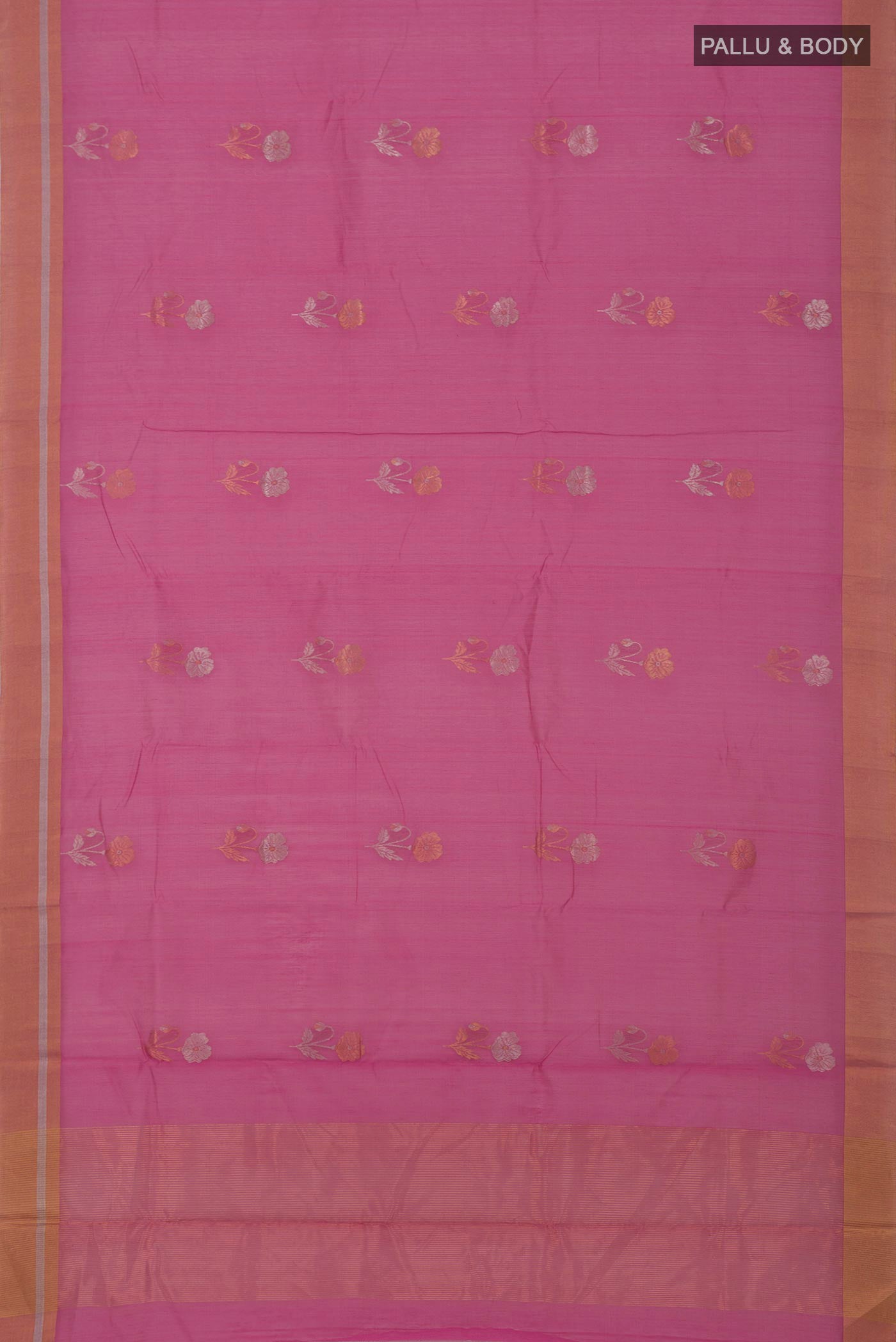 Flat view of Pink Chanderi Silk Cotton Saree with Zari Butta on the body and Zari Border. 