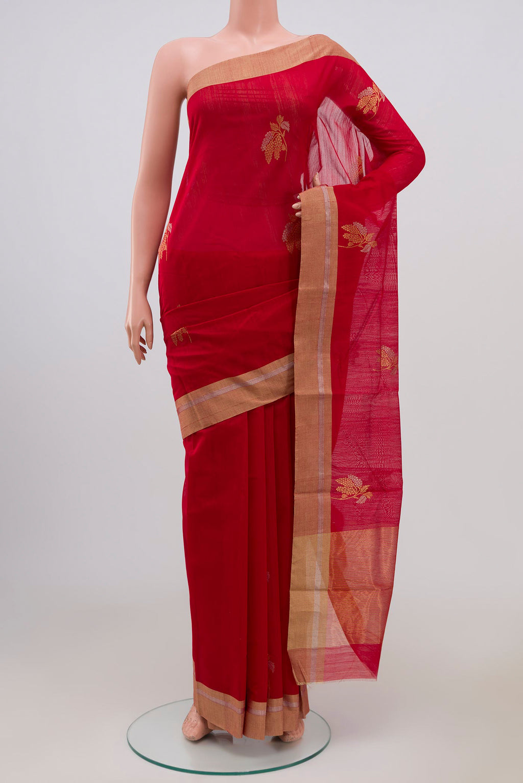 Red Chanderi Silk Cotton Saree with Zari Butta on the body and Zari Border.  displayed on a mannequin
