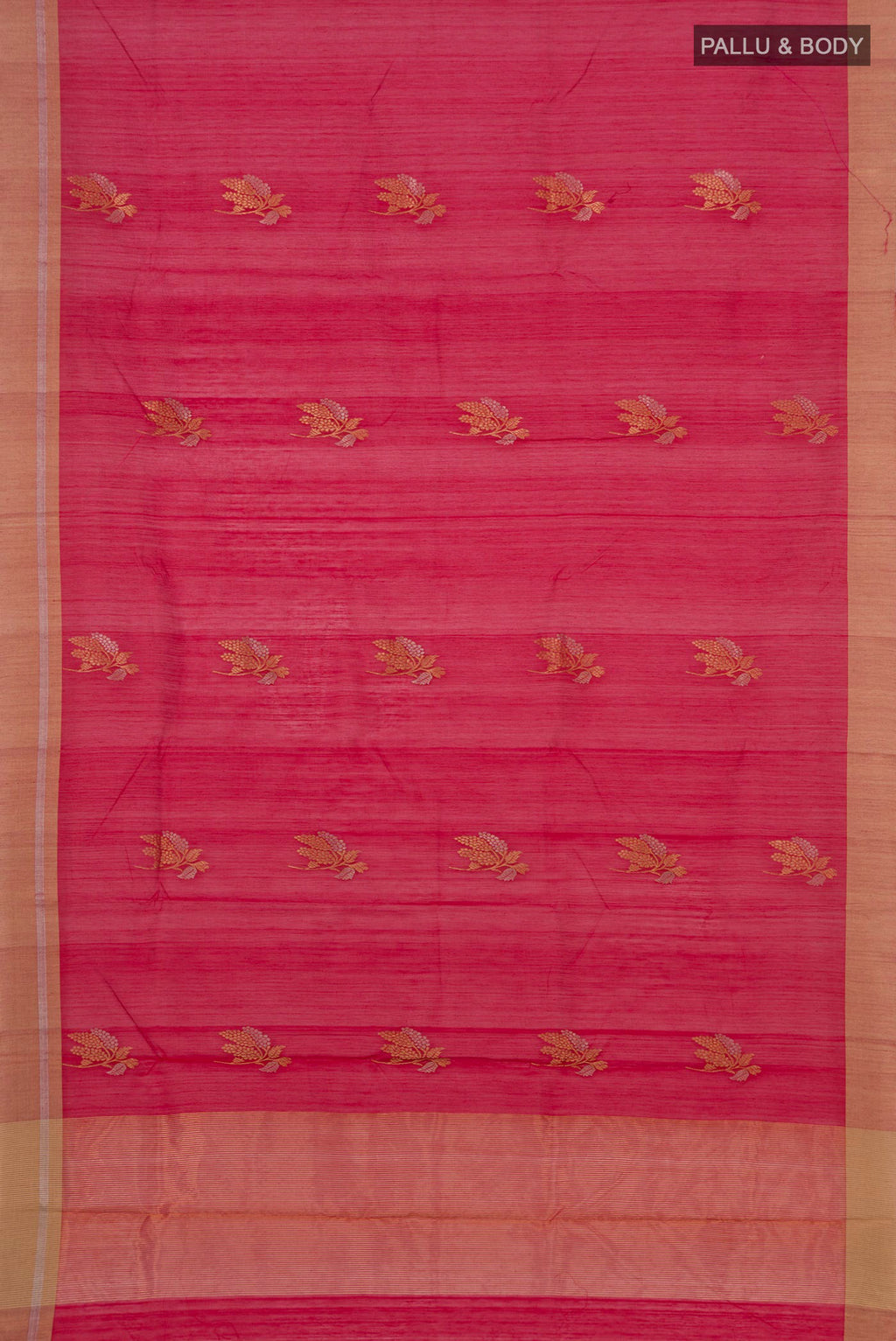 Flat view of Red Chanderi Silk Cotton Saree with Zari Butta on the body and Zari Border. 