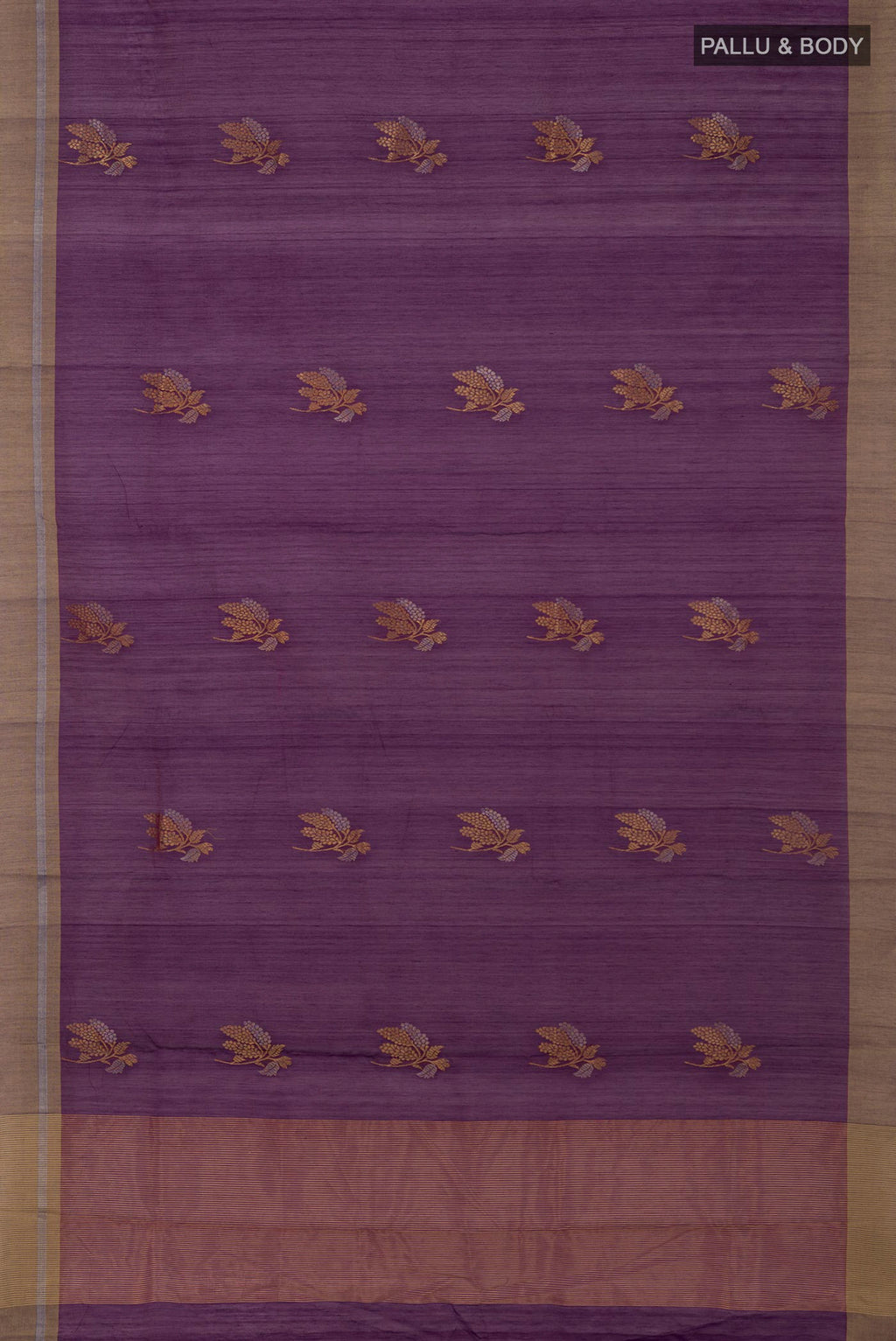 Flat view of Purple Chanderi Silk Cotton Saree with Zari Butta on the body and Zari Border. 