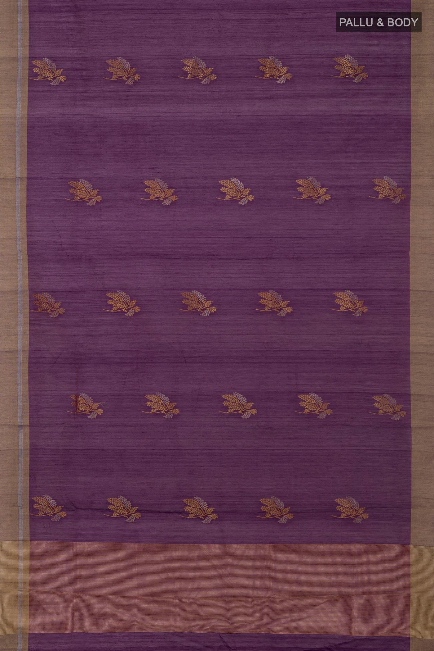 Flat view of Purple Chanderi Silk Cotton Saree with Zari Butta on the body and Zari Border. 