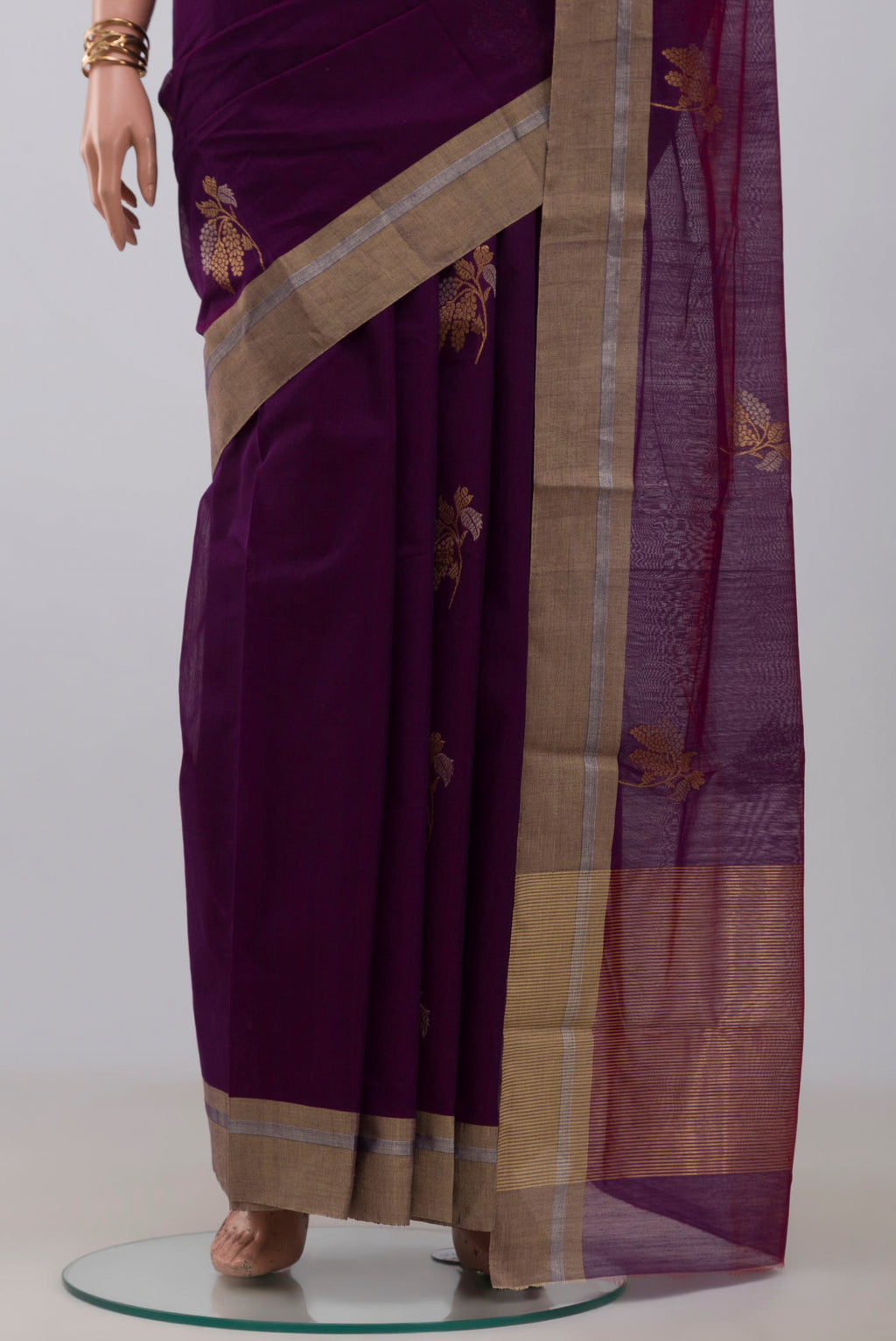 Pleats and pallu of Purple Chanderi Silk Cotton Saree with Zari Butta on the body and Zari Border. 