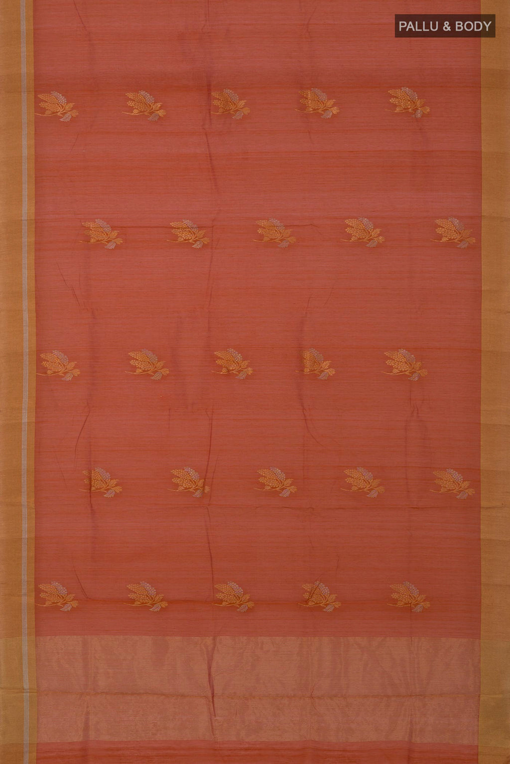 Flat view of Rust Chanderi Silk Cotton Saree with Zari Butta on the body and Zari Border. 