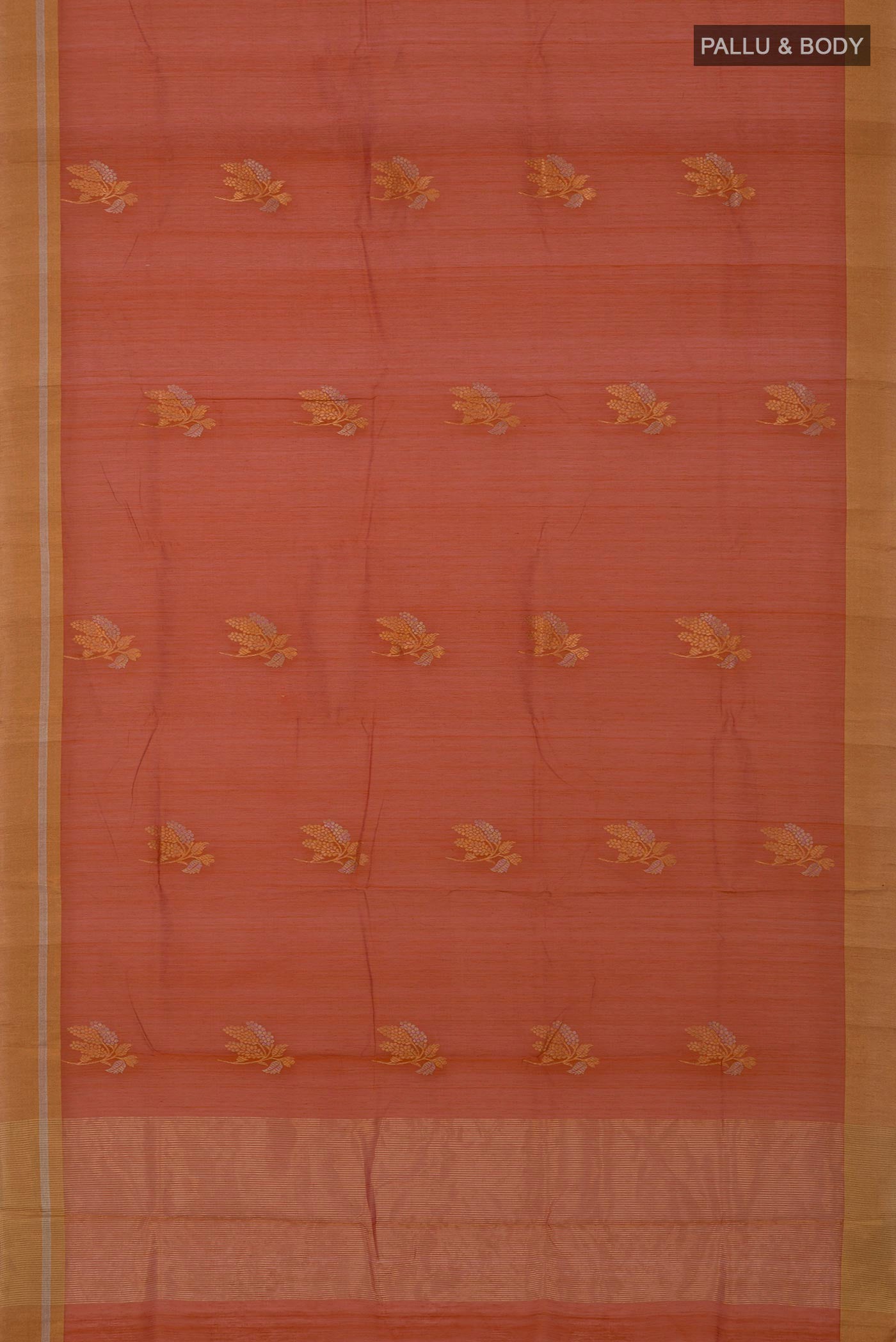 Flat view of Rust Chanderi Silk Cotton Saree with Zari Butta on the body and Zari Border. 