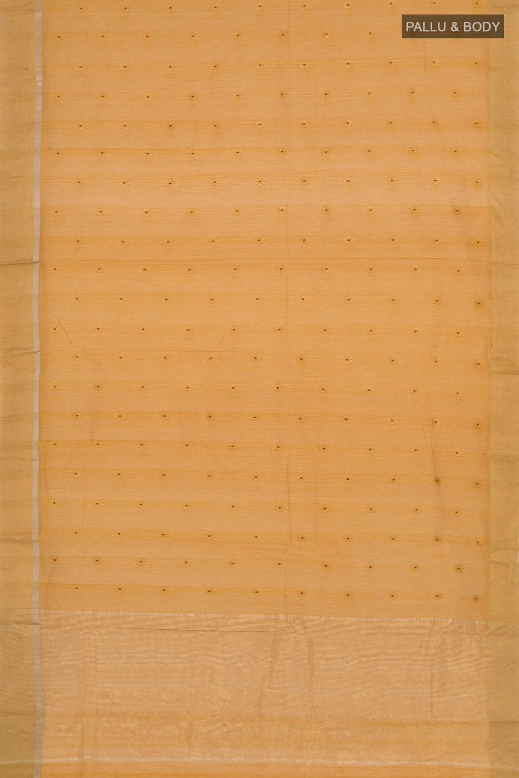 Flat view of Yellow Chanderi Silk Cotton Saree with Zari Butta on the body and Zari Border. 