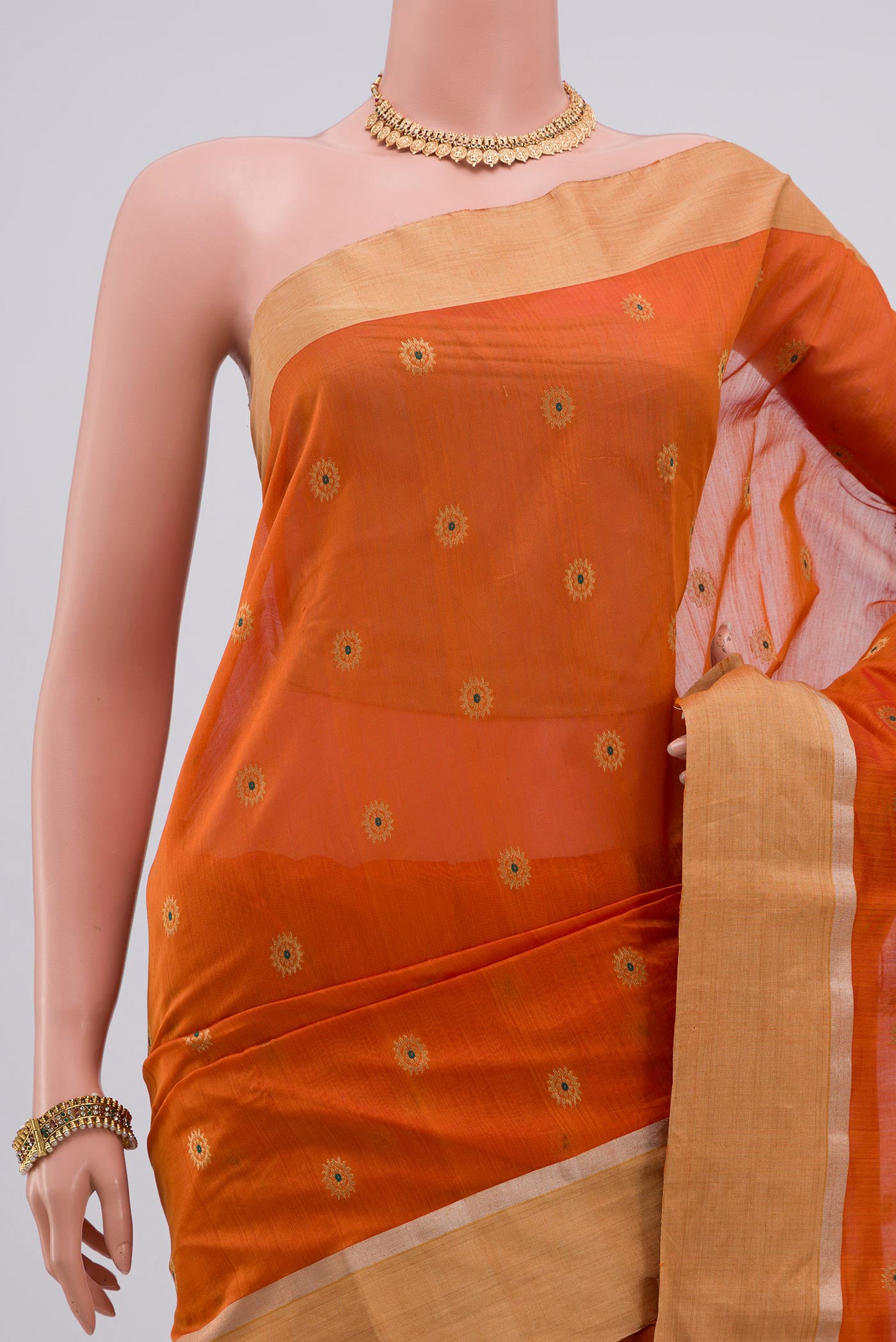 Border image of Brick Orange Chanderi Silk Cotton Saree with Zari Butta on the body and Zari Border. 