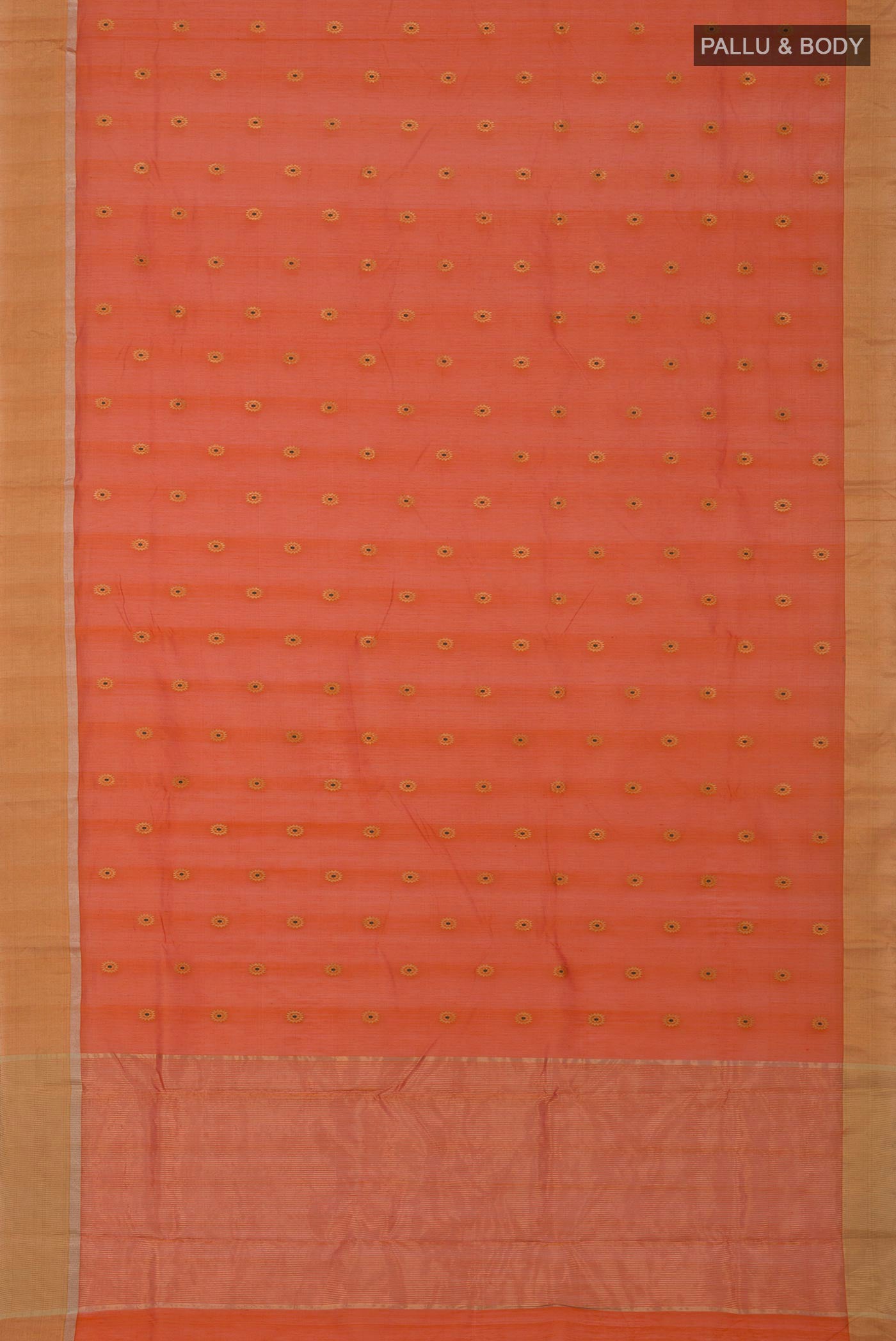 Flat view of Brick Orange Chanderi Silk Cotton Saree with Zari Butta on the body and Zari Border. 