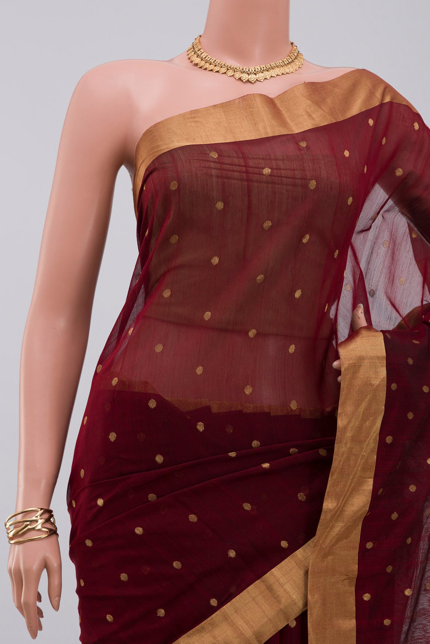 Border image of Maroon Chanderi Silk Cotton Saree with Zari Butta on the body and Zari Border. 