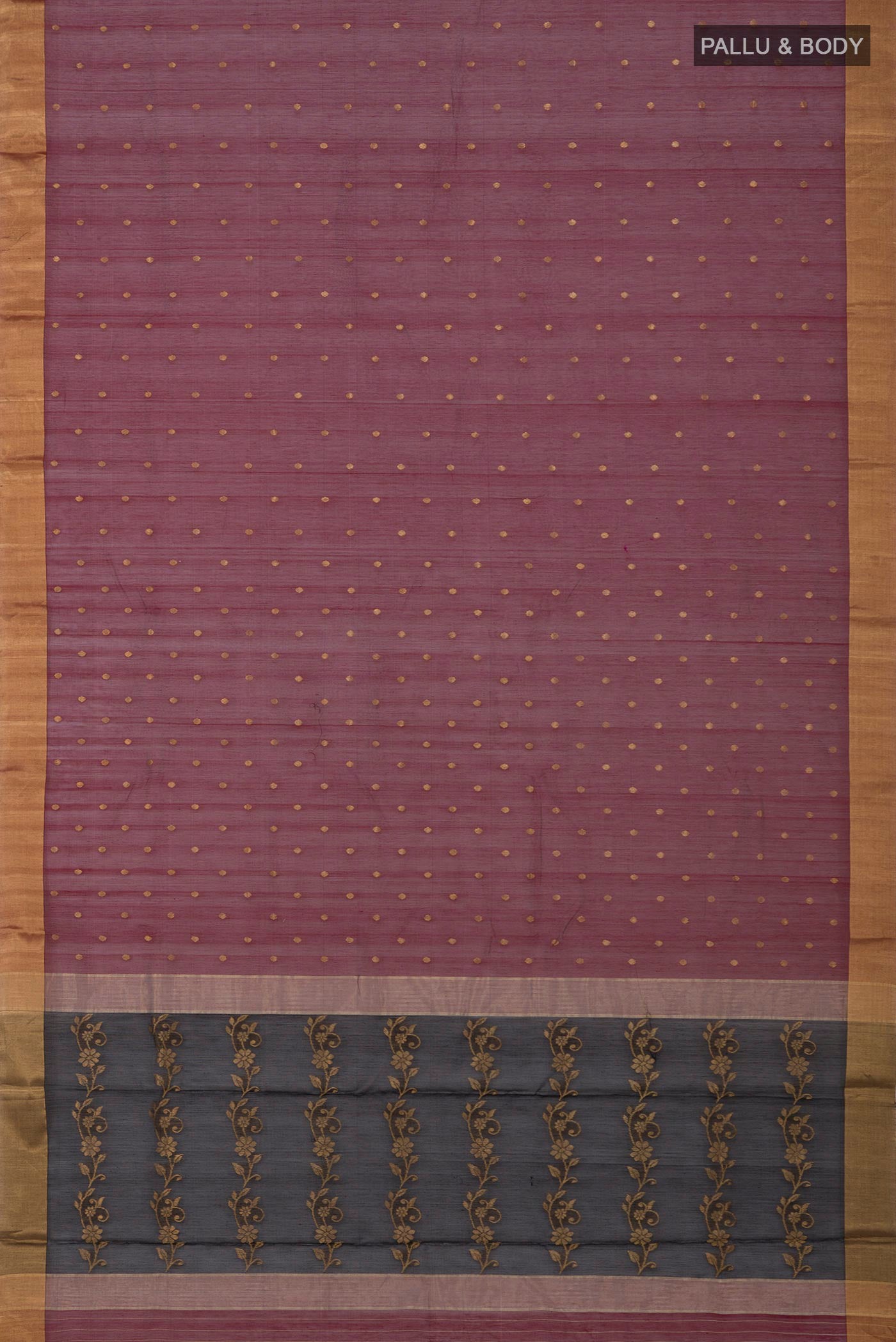 Flat view of Maroon Chanderi Silk Cotton Saree with Zari Butta on the body and Zari Border. 