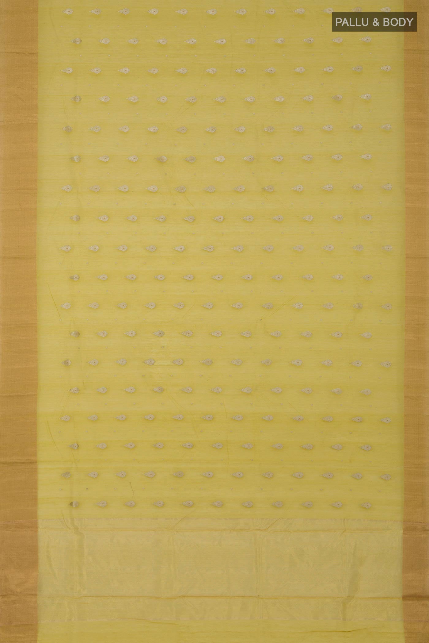 Flat view of Lemon Yellow Chanderi Silk Cotton Saree with Zari Butta on the body and Zari Border. 