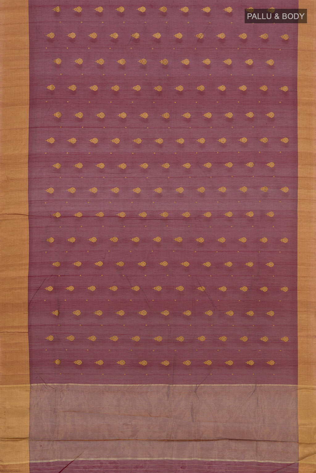 Flat view of Maroon Chanderi Silk Cotton Saree with Zari Butta on the body and Zari Border. 
