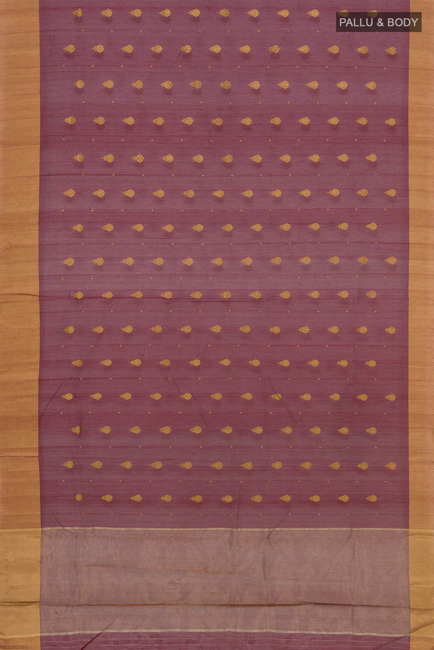 Flat view of Maroon Chanderi Silk Cotton Saree with Zari Butta on the body and Zari Border. 