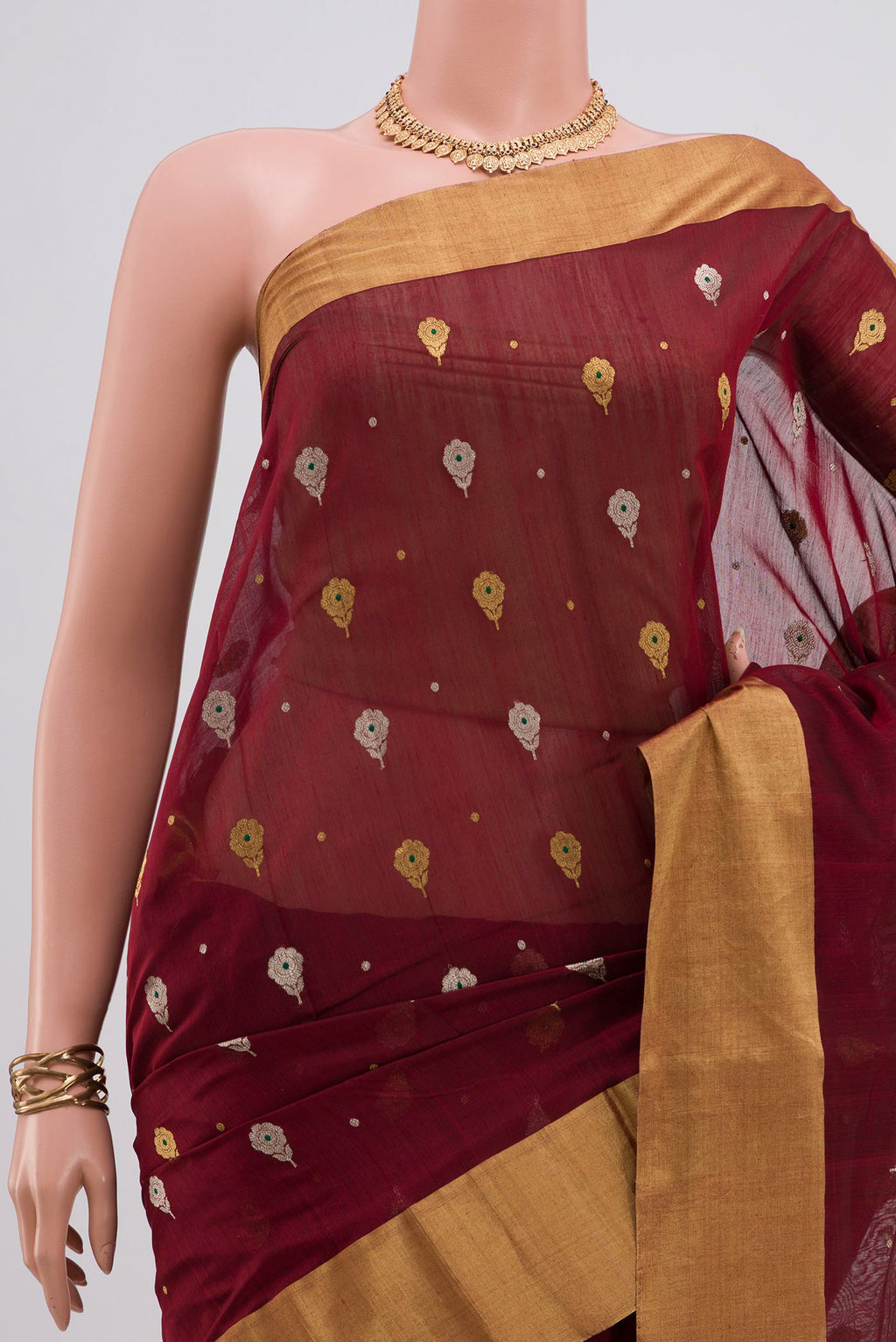 Border image of Maroon Chanderi Silk Cotton Saree with Zari Butta on the body and Zari Border. 