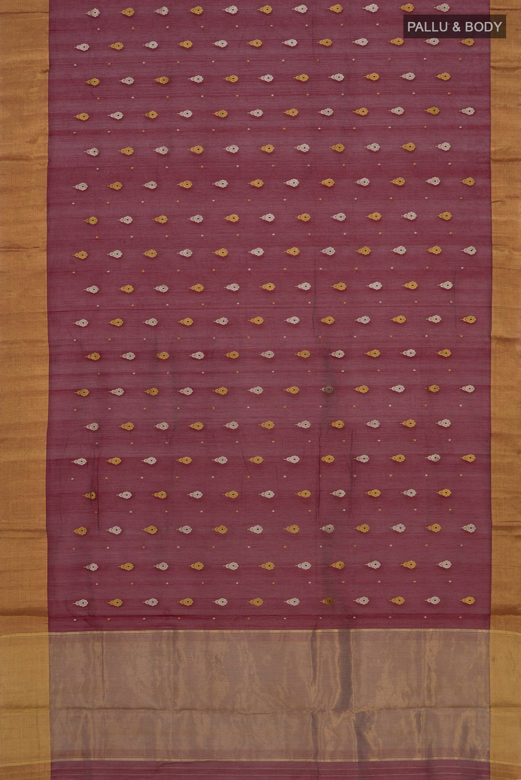 Flat view of Maroon Chanderi Silk Cotton Saree with Zari Butta on the body and Zari Border. 