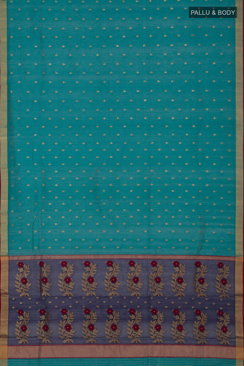 Flat view of Green Chanderi Silk Cotton Saree with Zari Butta on the body and Zari Border. 