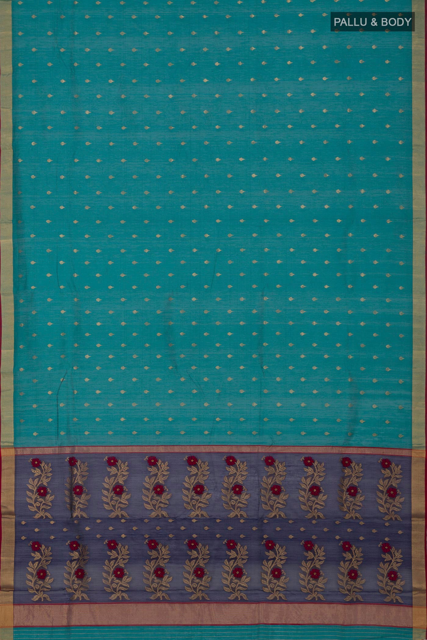 Flat view of Green Chanderi Silk Cotton Saree with Zari Butta on the body and Zari Border. 
