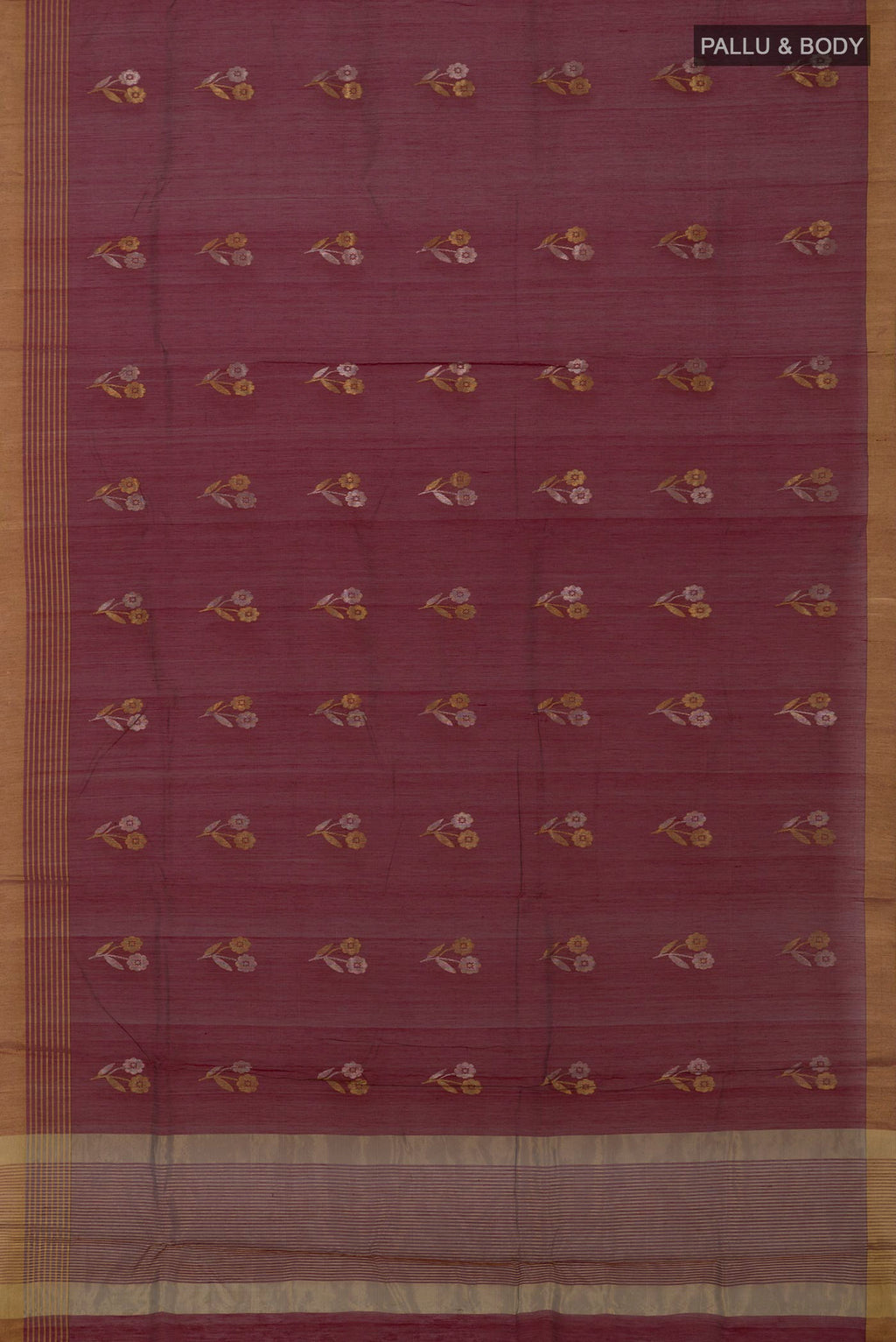 Flat view of Maroon Chanderi Silk Cotton Saree with Zari Butta on the body and Zari Border. 
