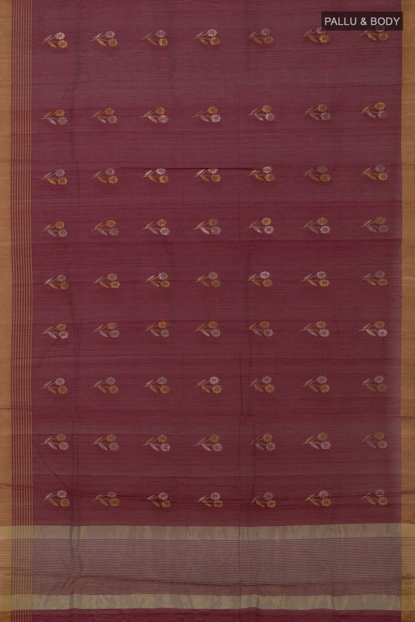 Flat view of Maroon Chanderi Silk Cotton Saree with Zari Butta on the body and Zari Border. 