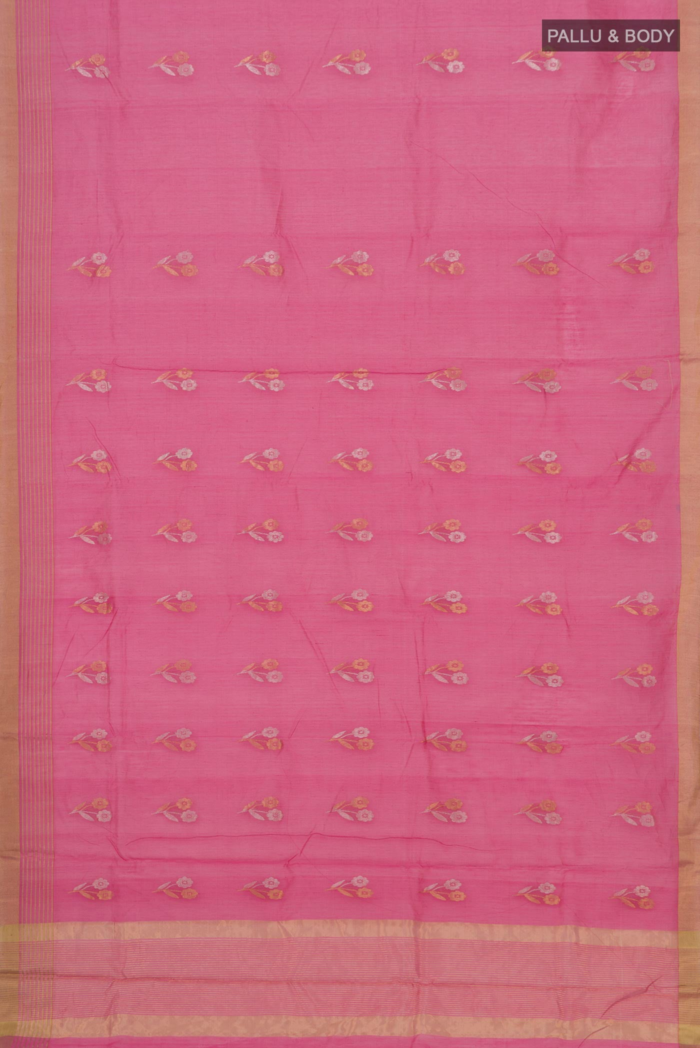 Flat view of Pink Chanderi Silk Cotton Saree with Zari Butta on the body and Zari Border. 
